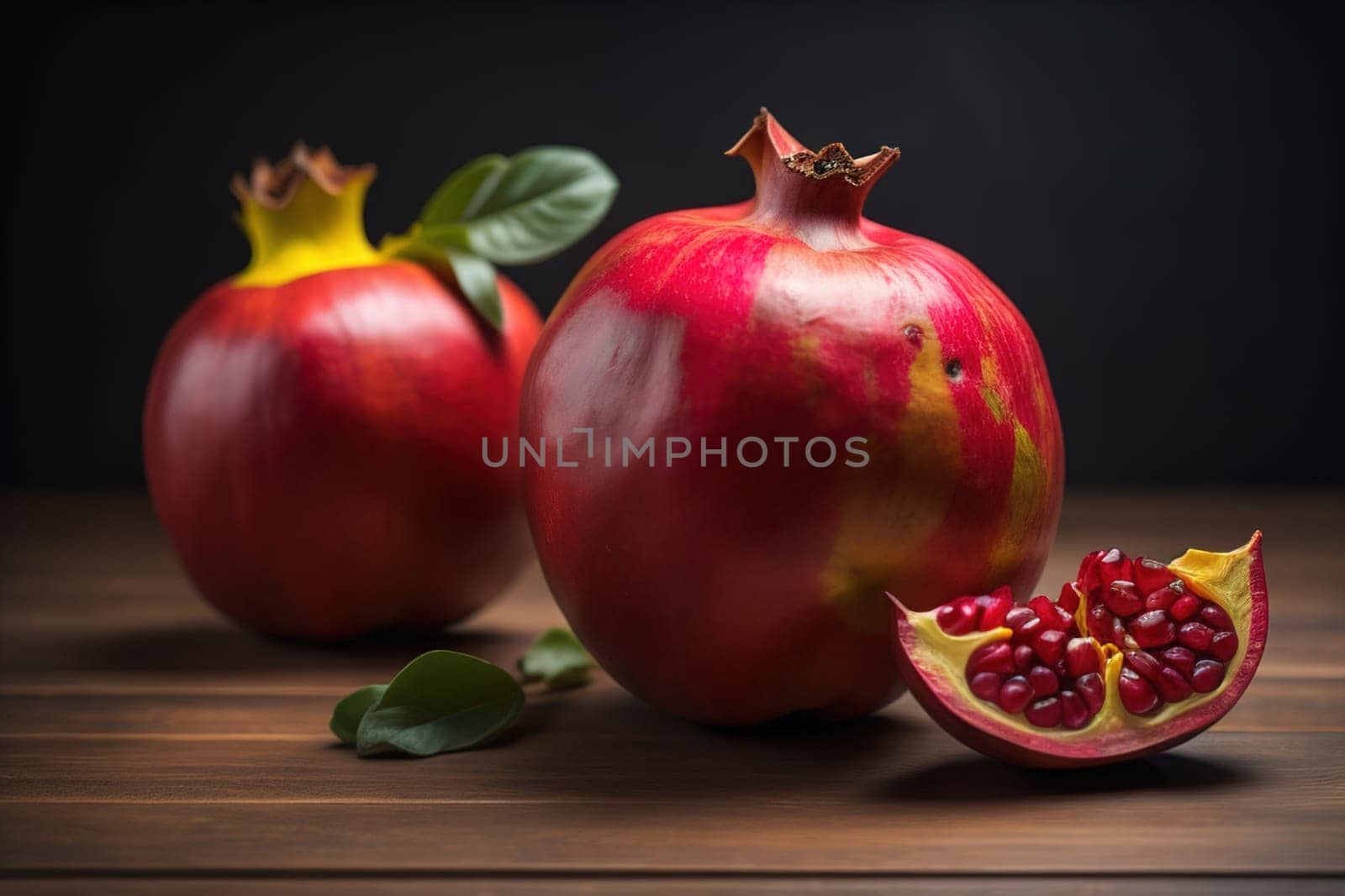 Ripe pomegranate fruit on a wooden background. Still life. ai generative