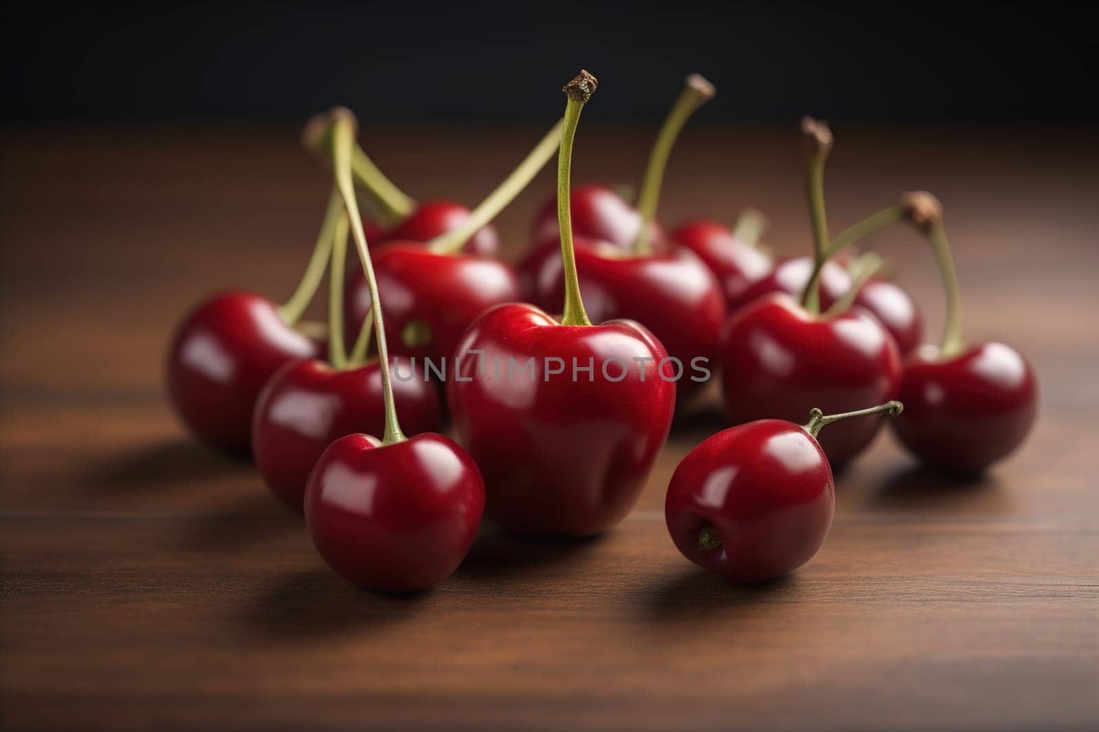 Red cherries on a wooden background. Close up. Selective focus. ai generative