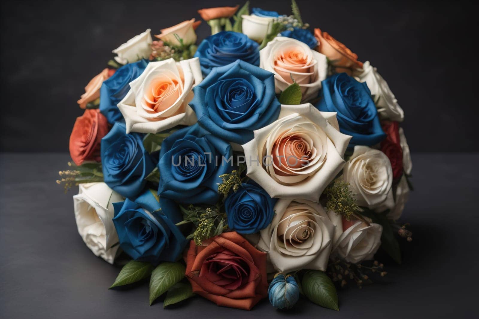 wedding bouquet of different colors on a solid color background. ai generative