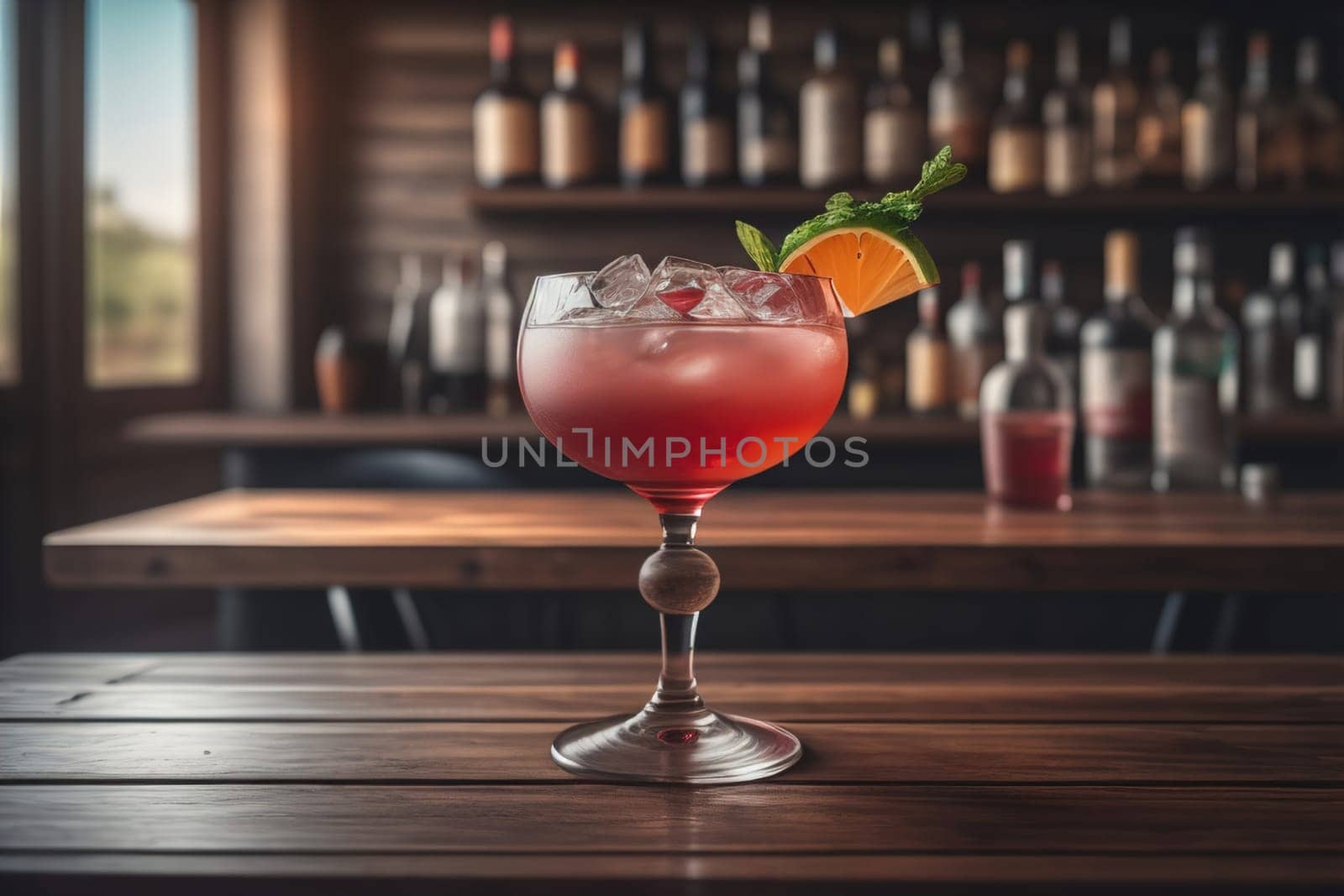 Alcohol cocktail drink on the table in bar. Toned image. ai generative