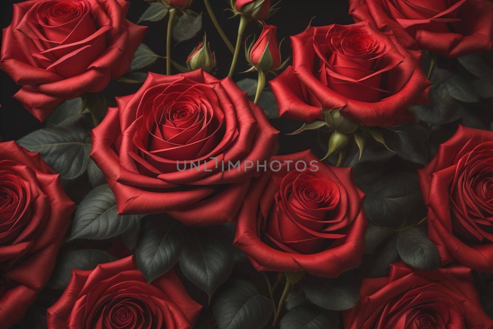 Red roses background. Top view of beautiful red roses with green leaves. ai generative
