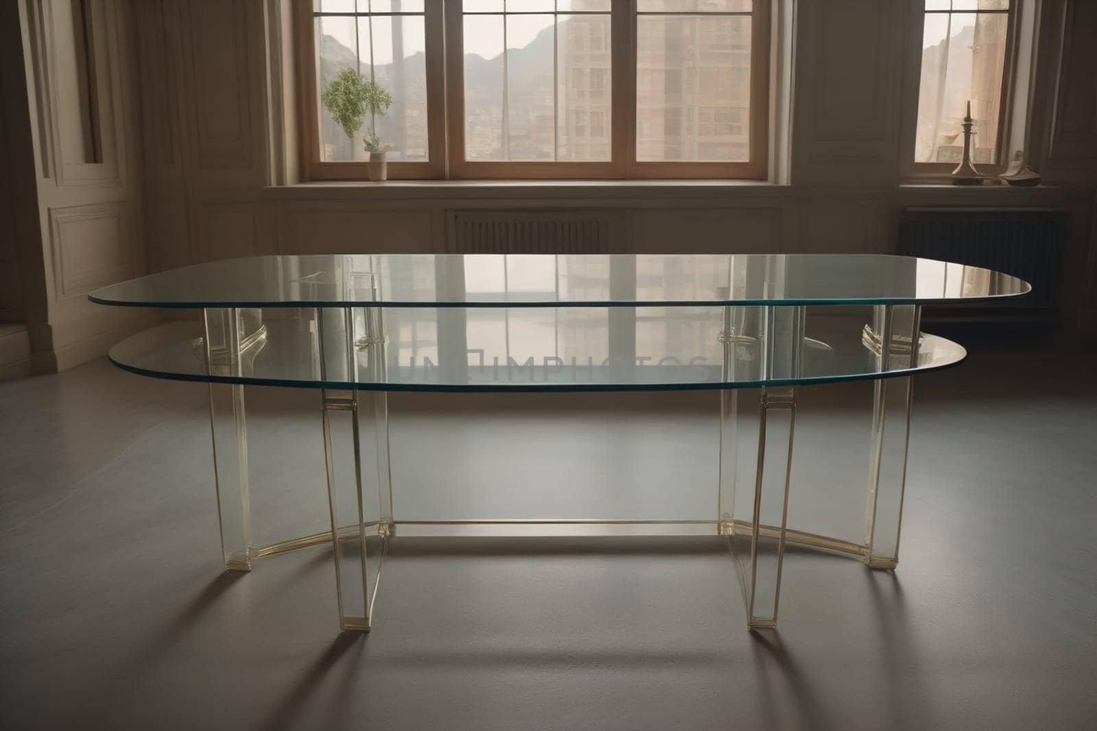 a glass table in a room. ai generative