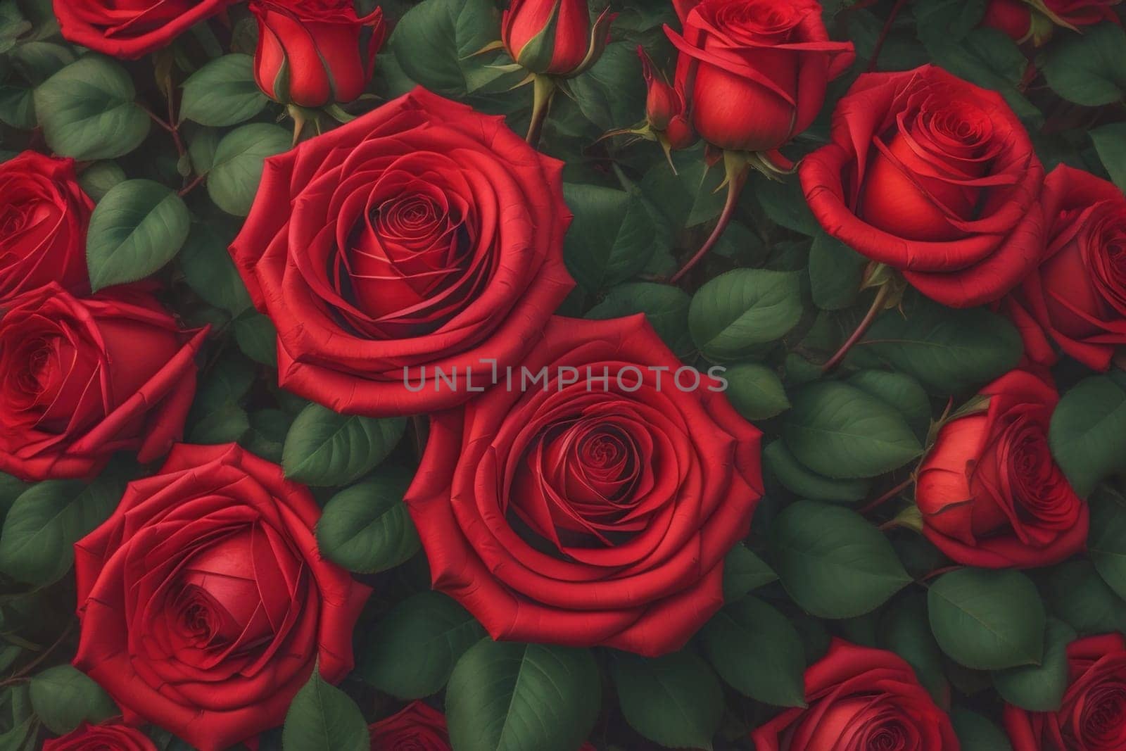 Red roses background. Top view of beautiful red roses with green leaves. ai generative