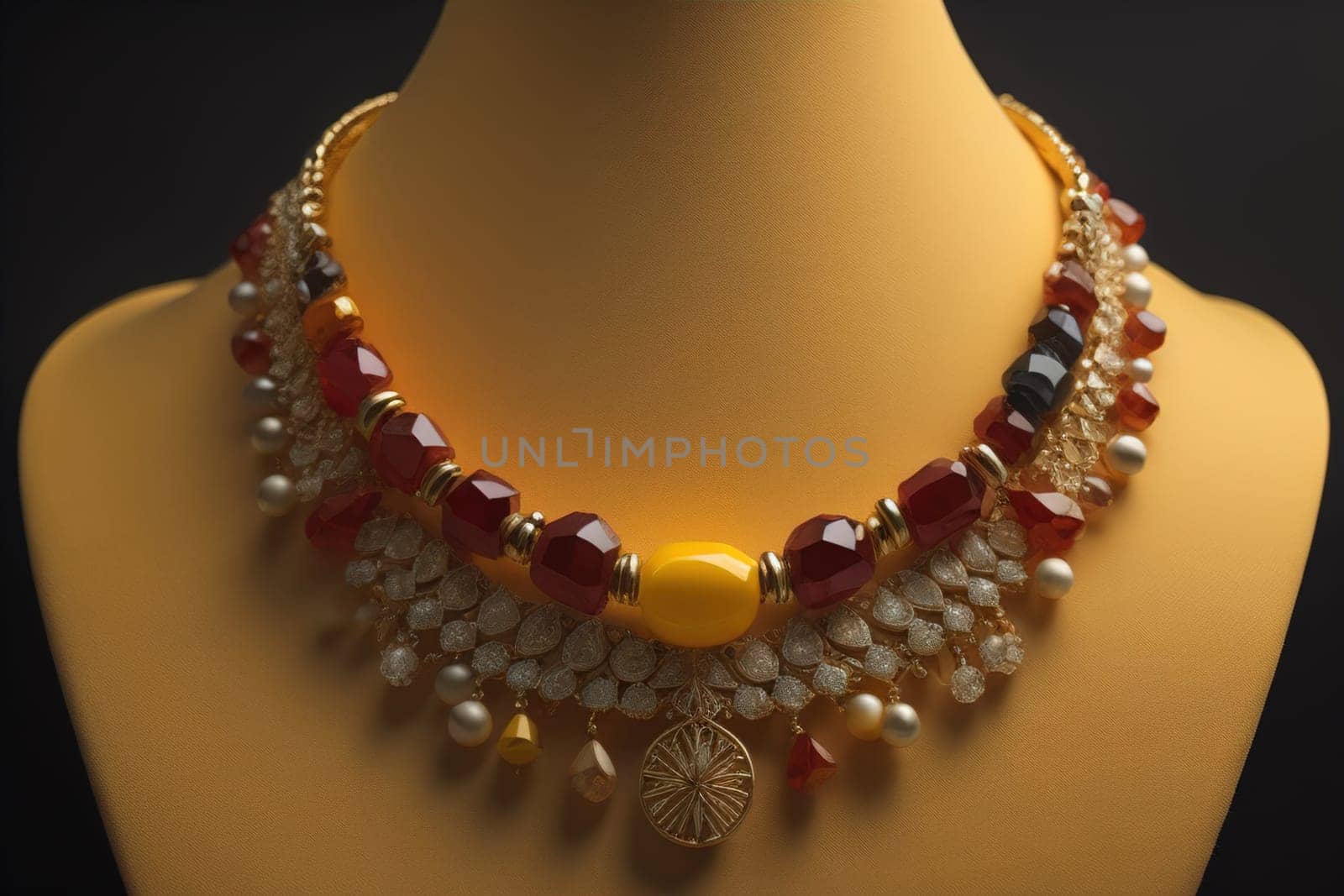 necklace on a mannequin in the studio on a solid color background. ai generative