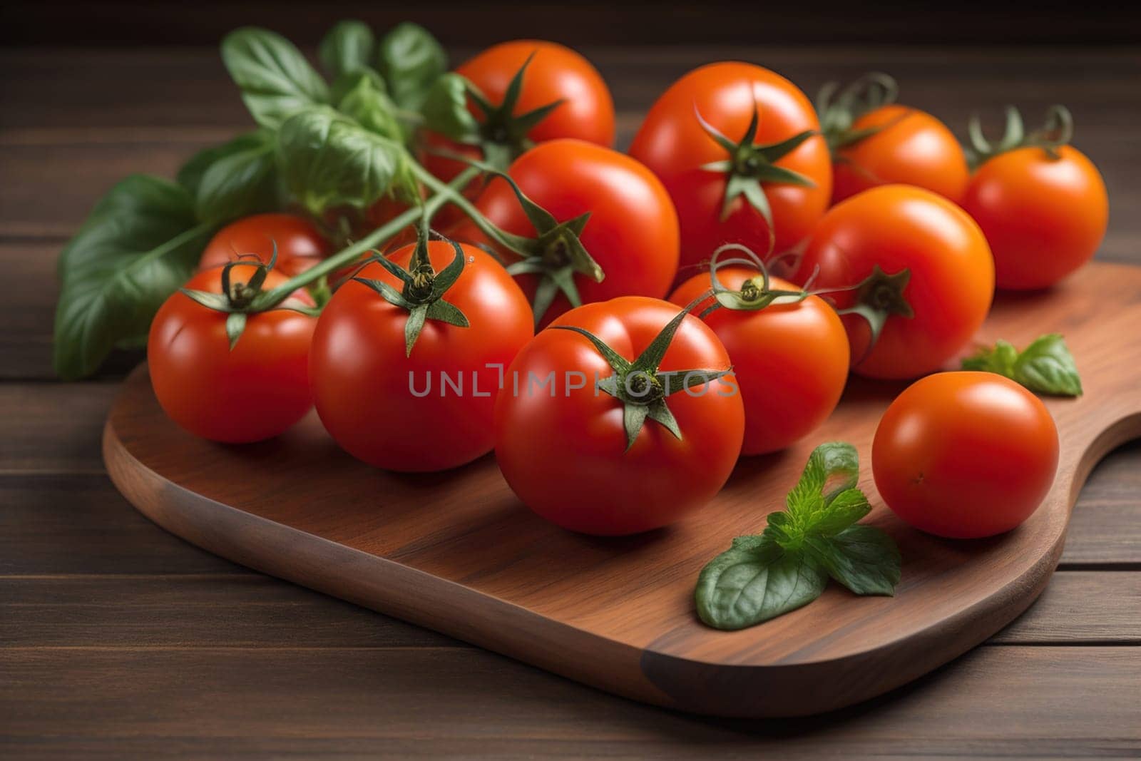 Tomatoes on a wooden table on a dark background. ai generative
