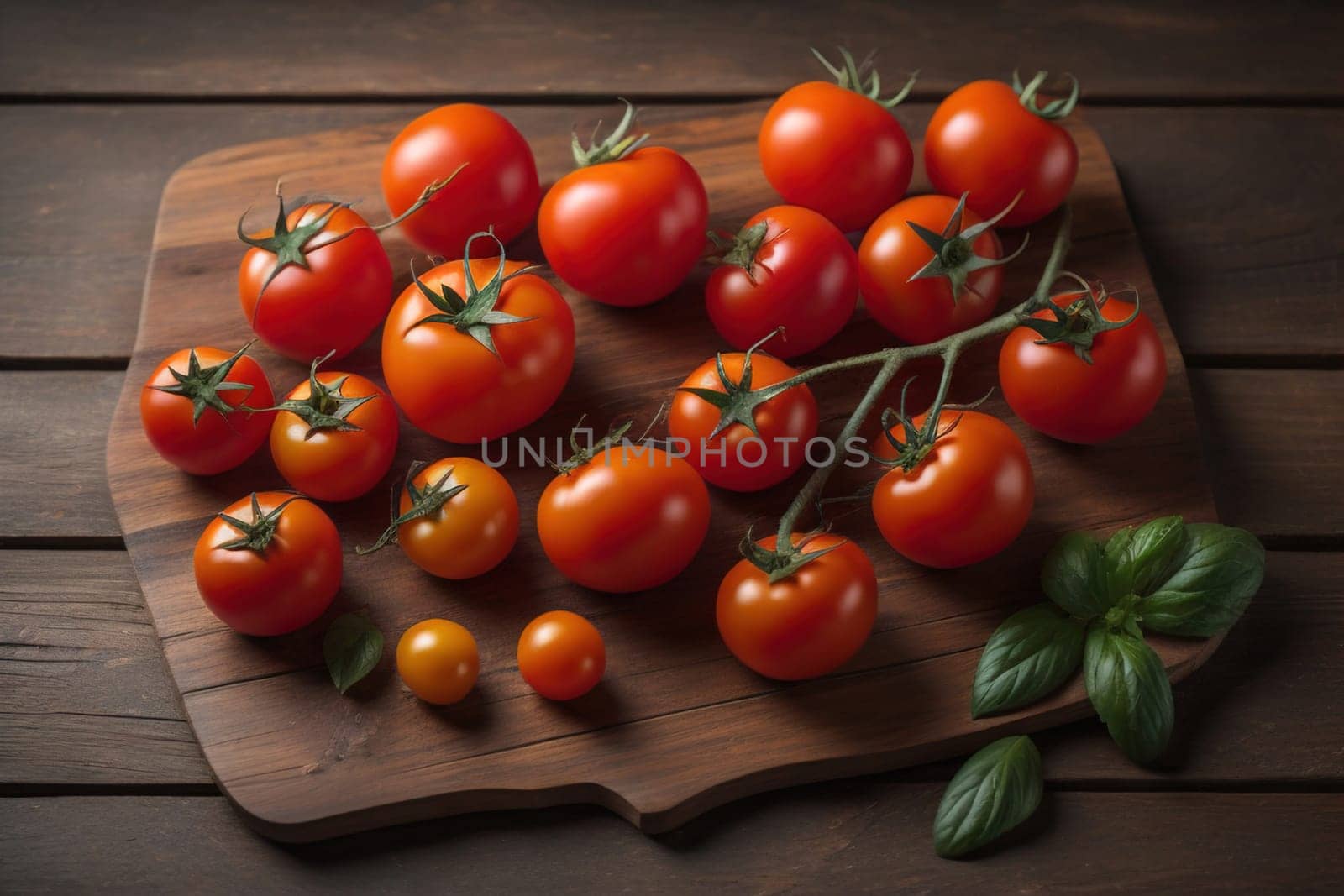Tomatoes on a wooden table on a dark background. ai generative