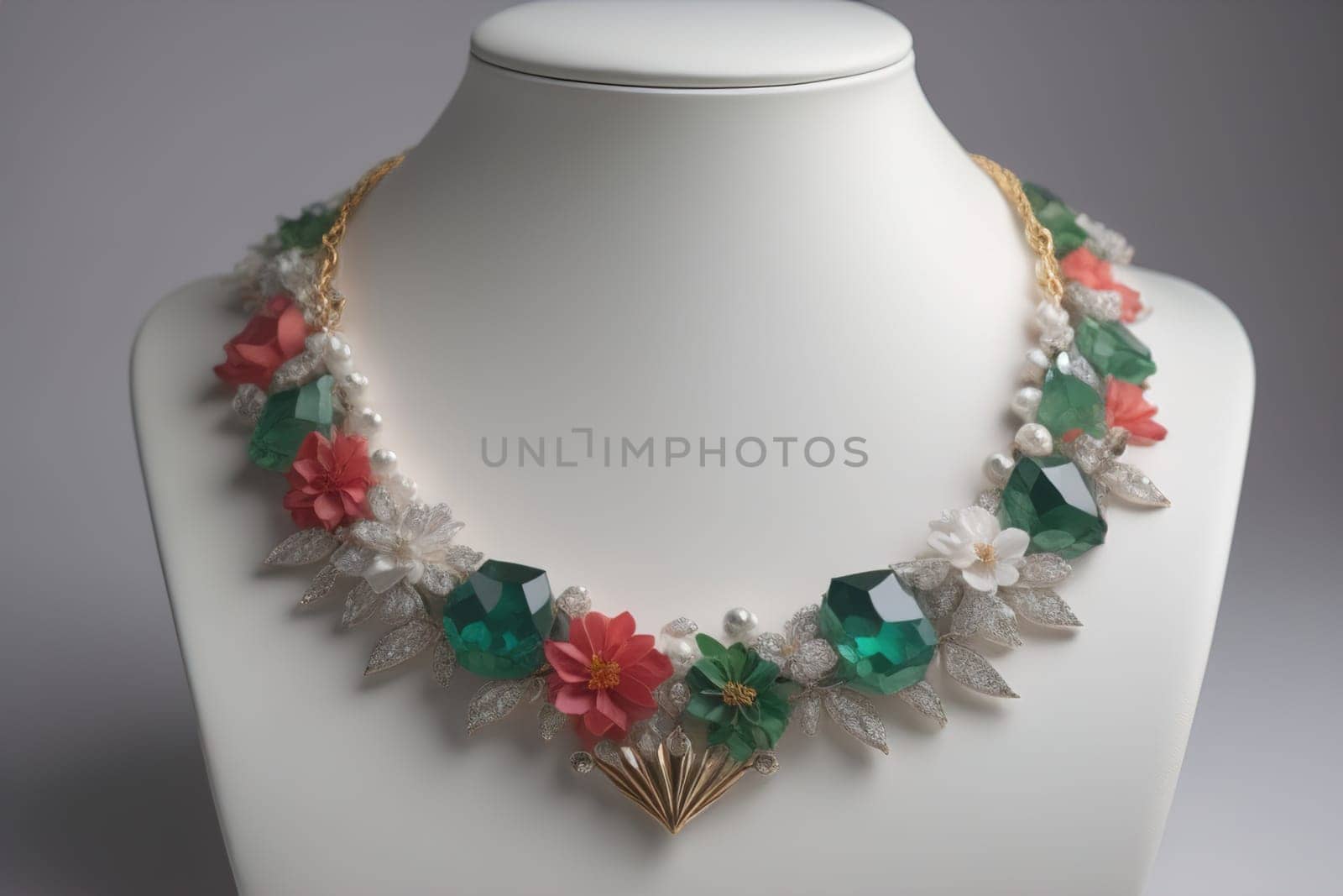 necklace on a mannequin in the studio on a solid color background. ai generative
