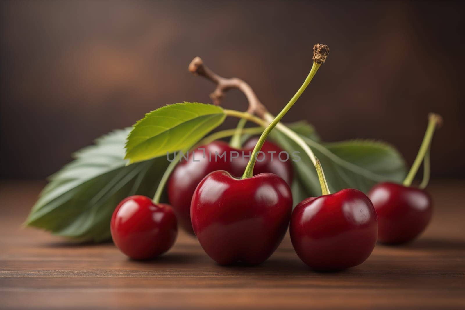 Red cherries on a wooden background. Close up. Selective focus. ai generative