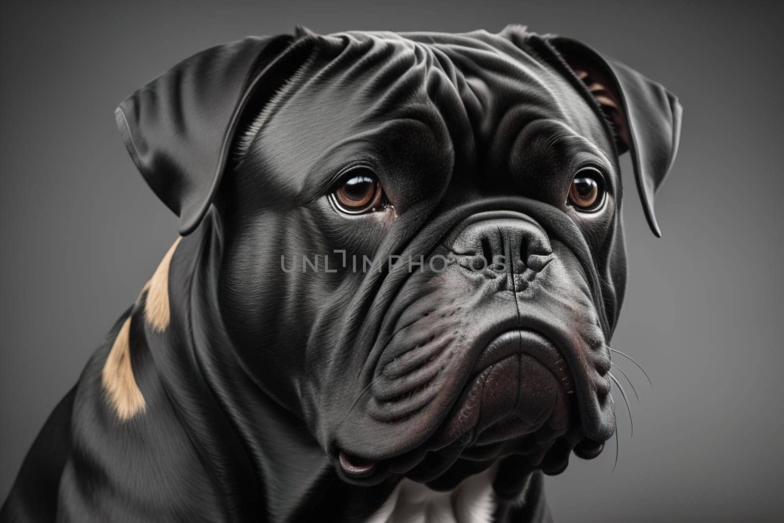 Close up portrait of a cute black dog on a orange background. ai generative