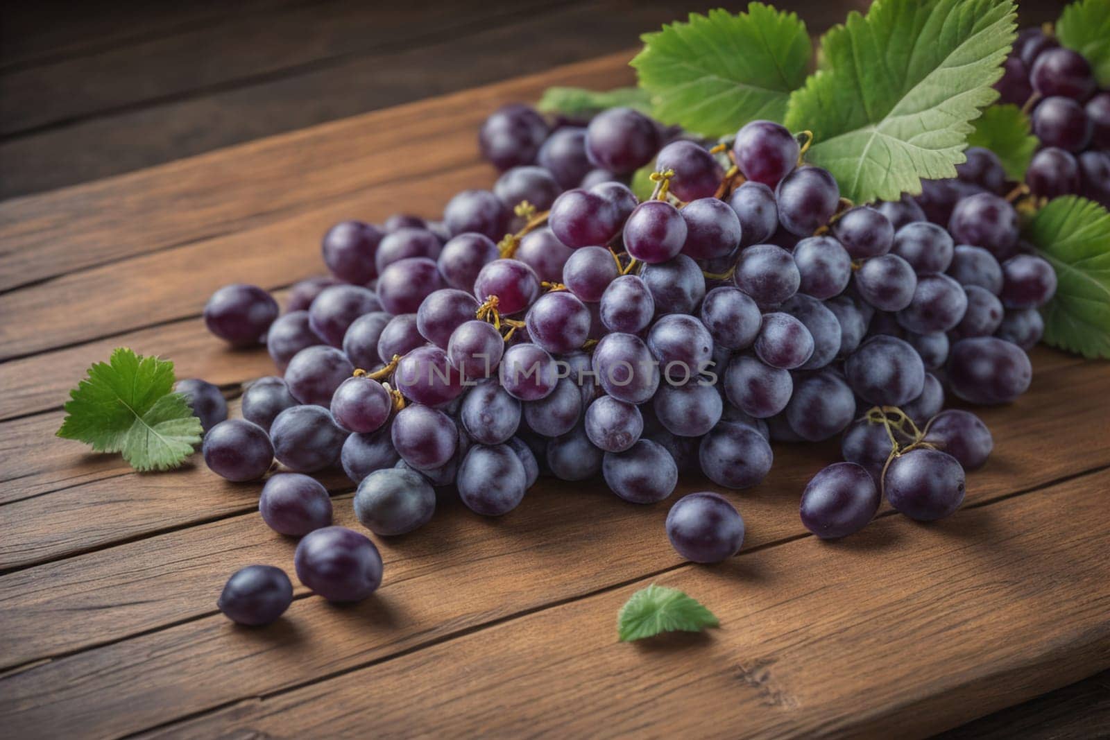 Bunch of fresh grapes on wooden table. Vintage style toned picture. ai generative
