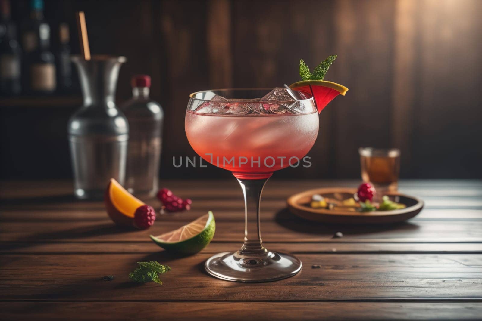 Alcohol cocktail drink on the table in bar. Toned image. ai generative