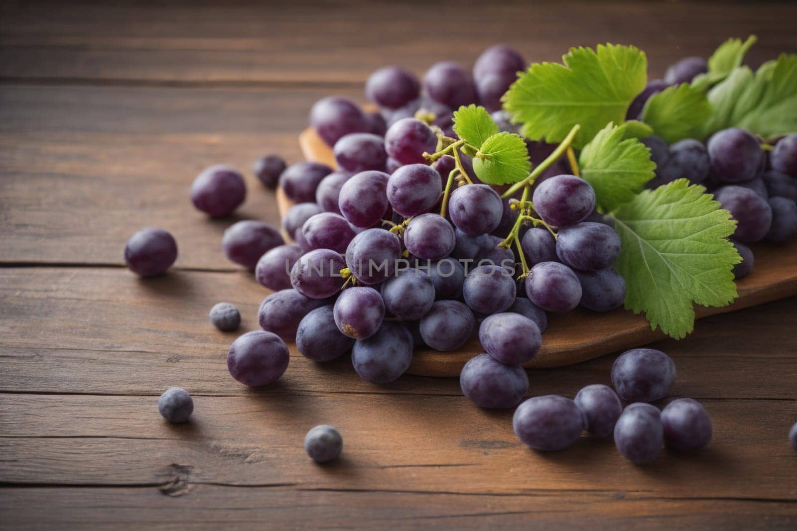 Bunch of fresh grapes on wooden table. Vintage style toned picture. ai generative