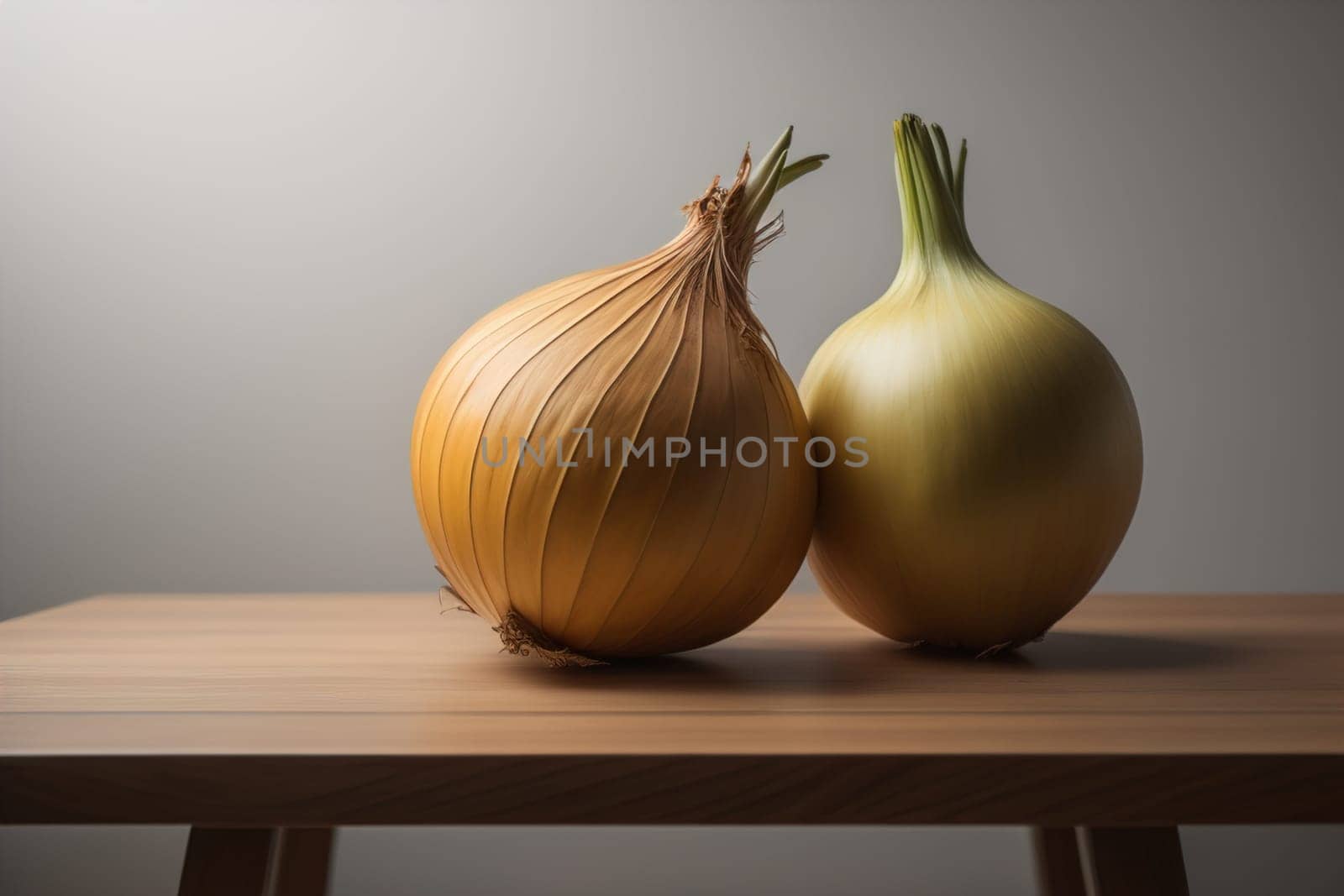 Three onions on a wooden table in front of a solid color background. ai generative