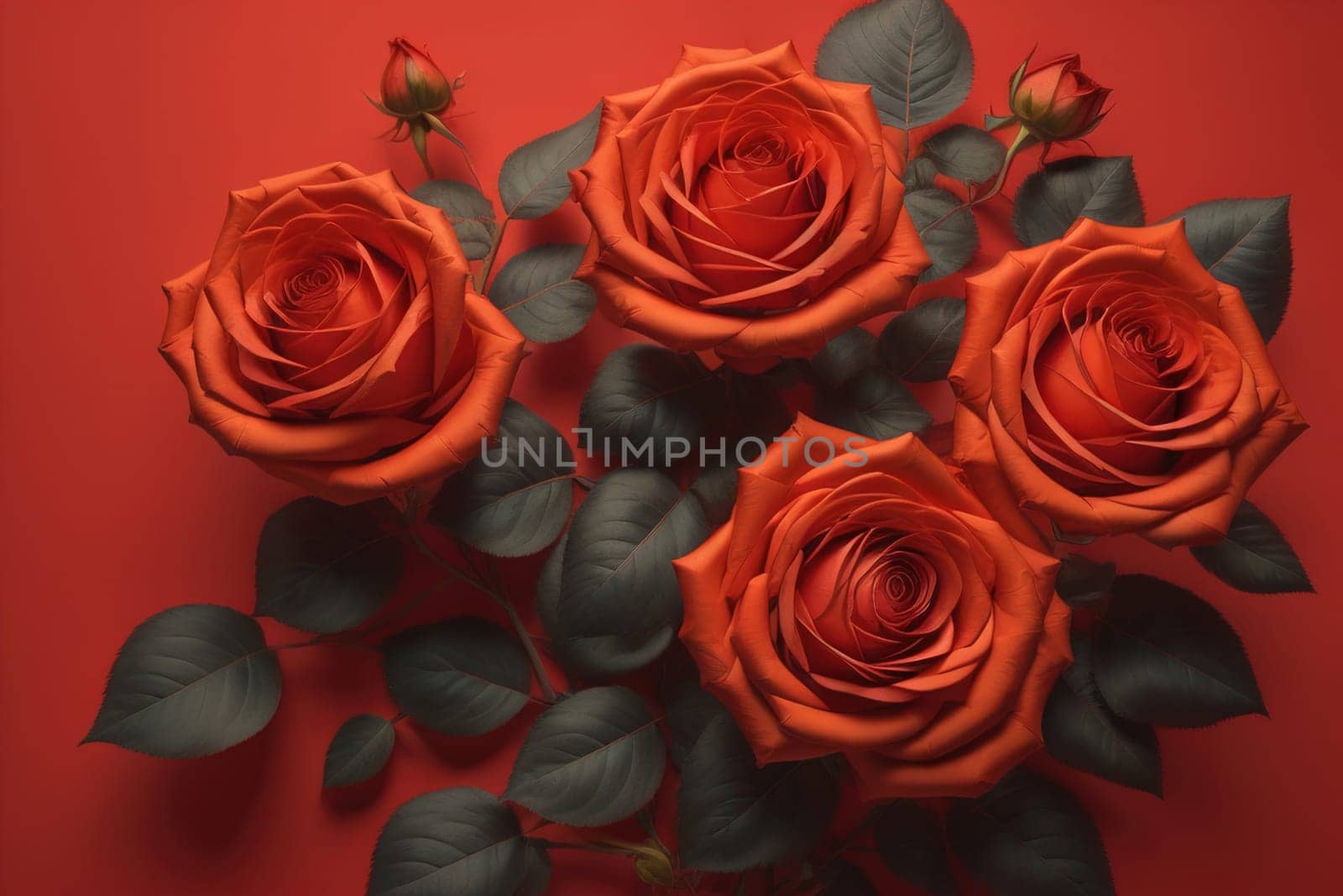 Red roses background. Top view of beautiful red roses with green leaves. ai generative