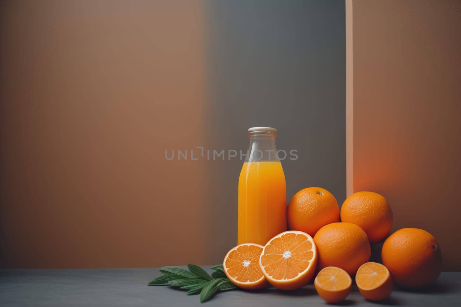 Glass of orange juice and fresh orange fruits. ai generative