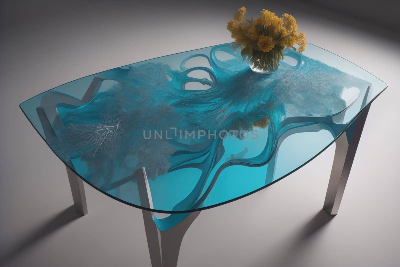 a glass table in a room. ai generative