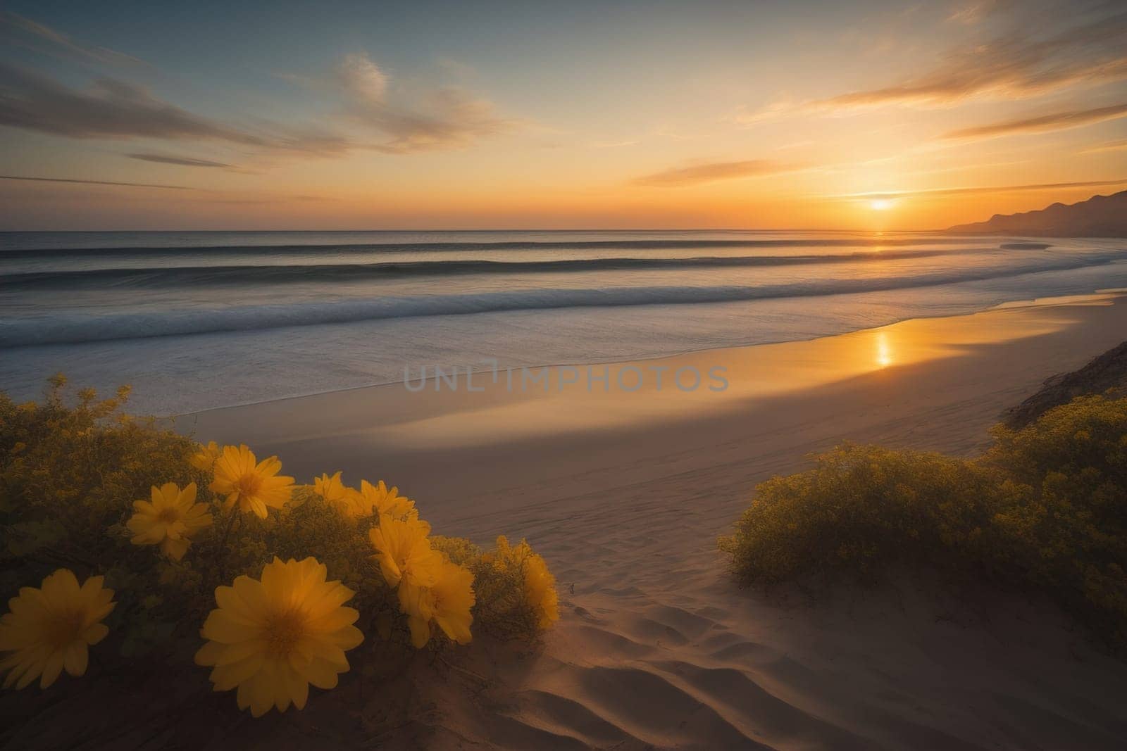 Beautiful sunset on the beach with reflection in the water. Long exposure. ai generative
