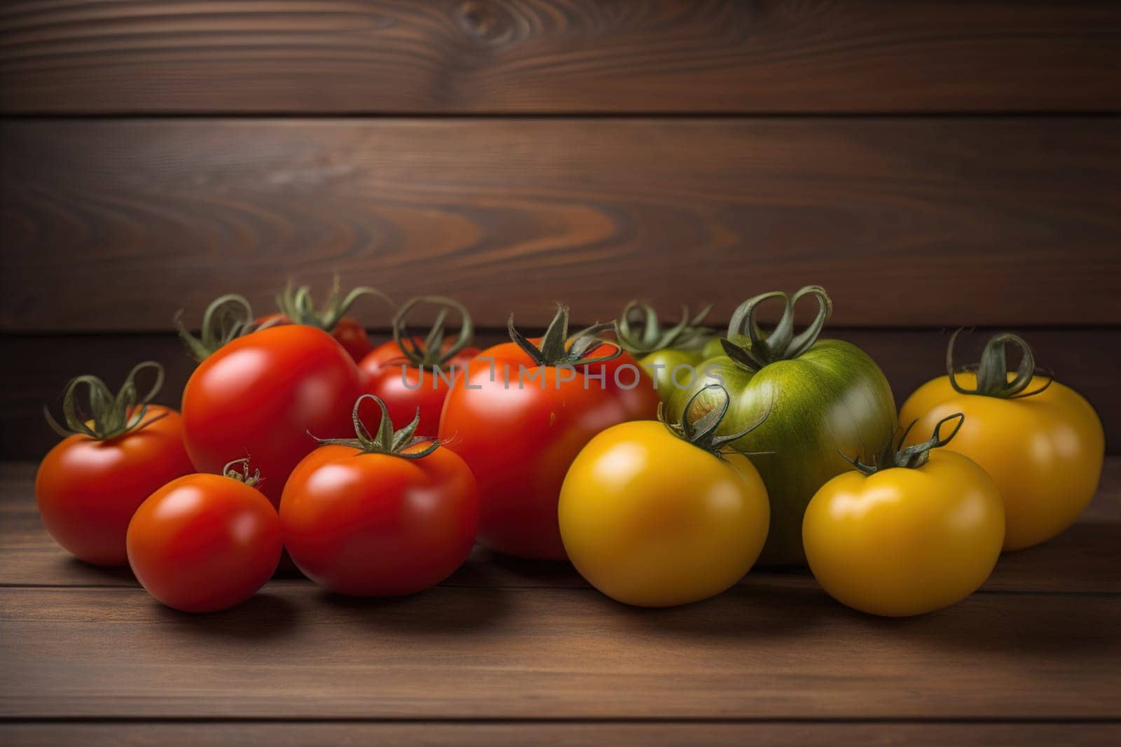 Tomatoes on a wooden table on a dark background. ai generative