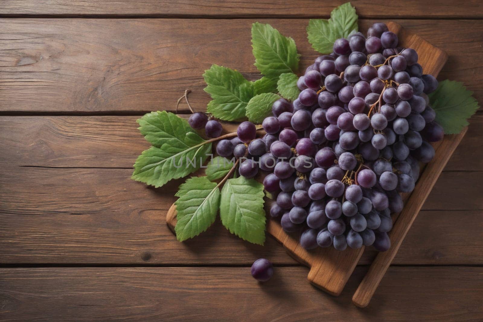 Bunch of fresh grapes on wooden table. Vintage style toned picture. ai generative
