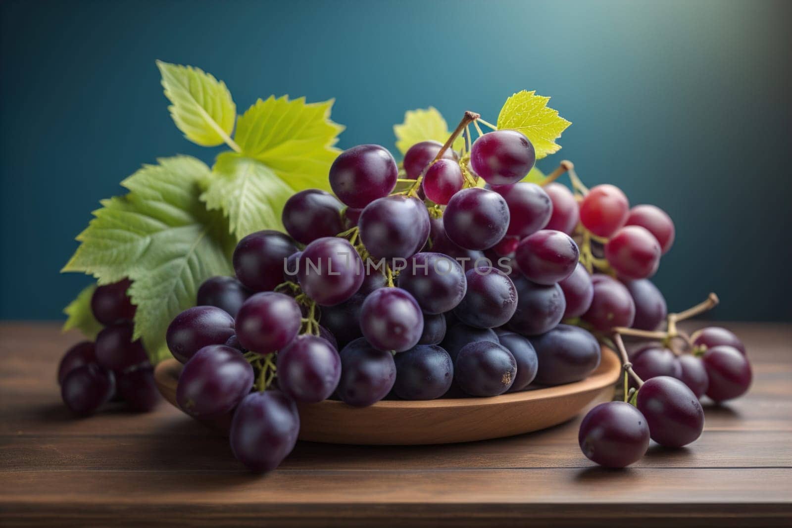 Bunch of fresh grapes on wooden table. Vintage style toned picture. ai generative