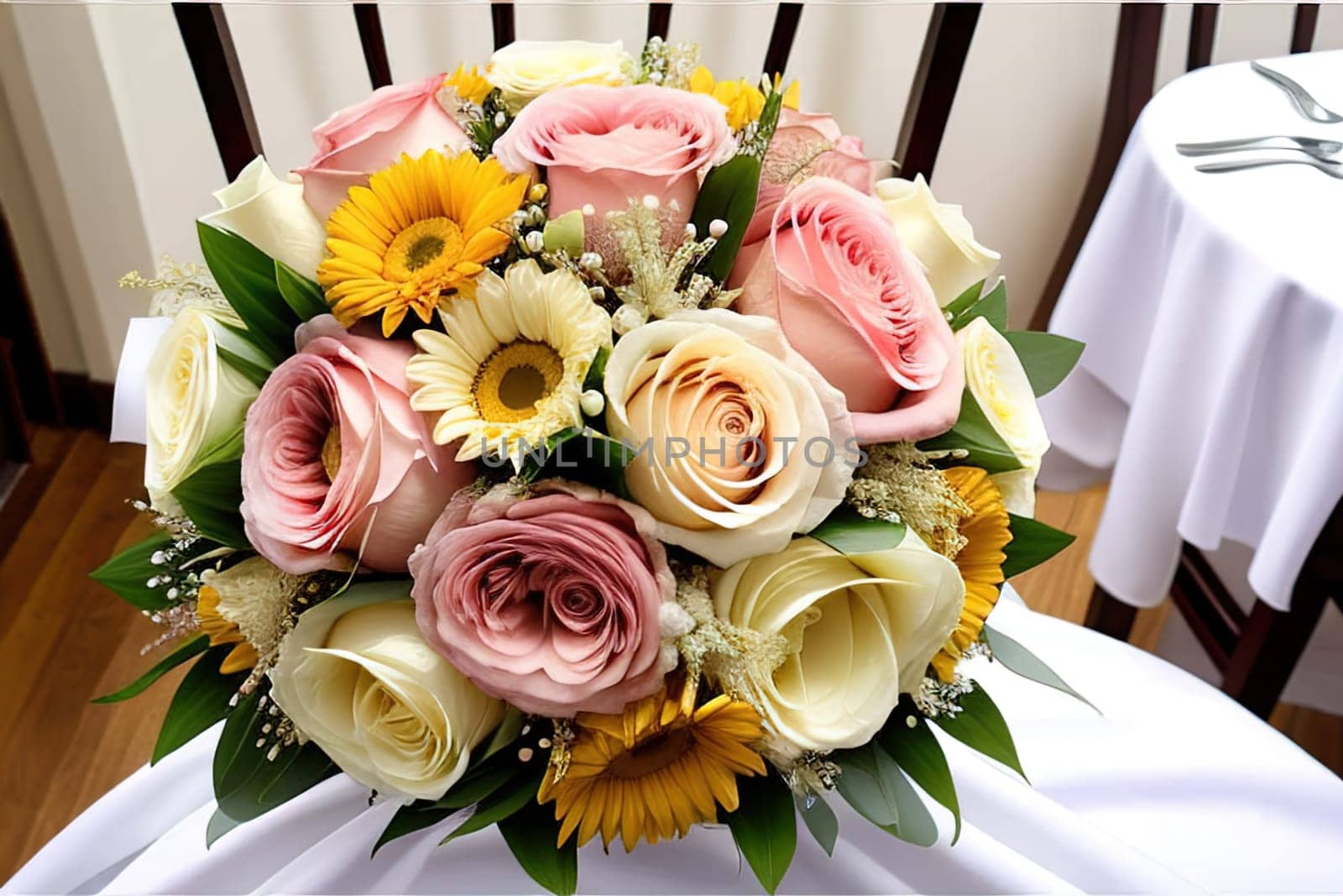 wedding bouquet of different colors on a solid color background. ai generative