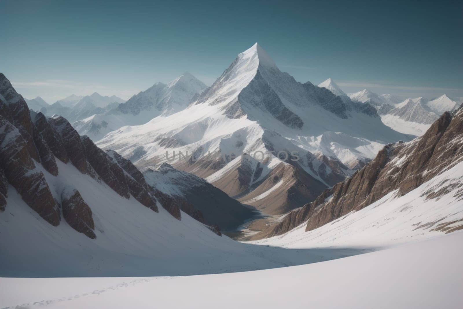 Mountains and snow-capped peaks of the Caucasus Mountains. ai generative by sanisra