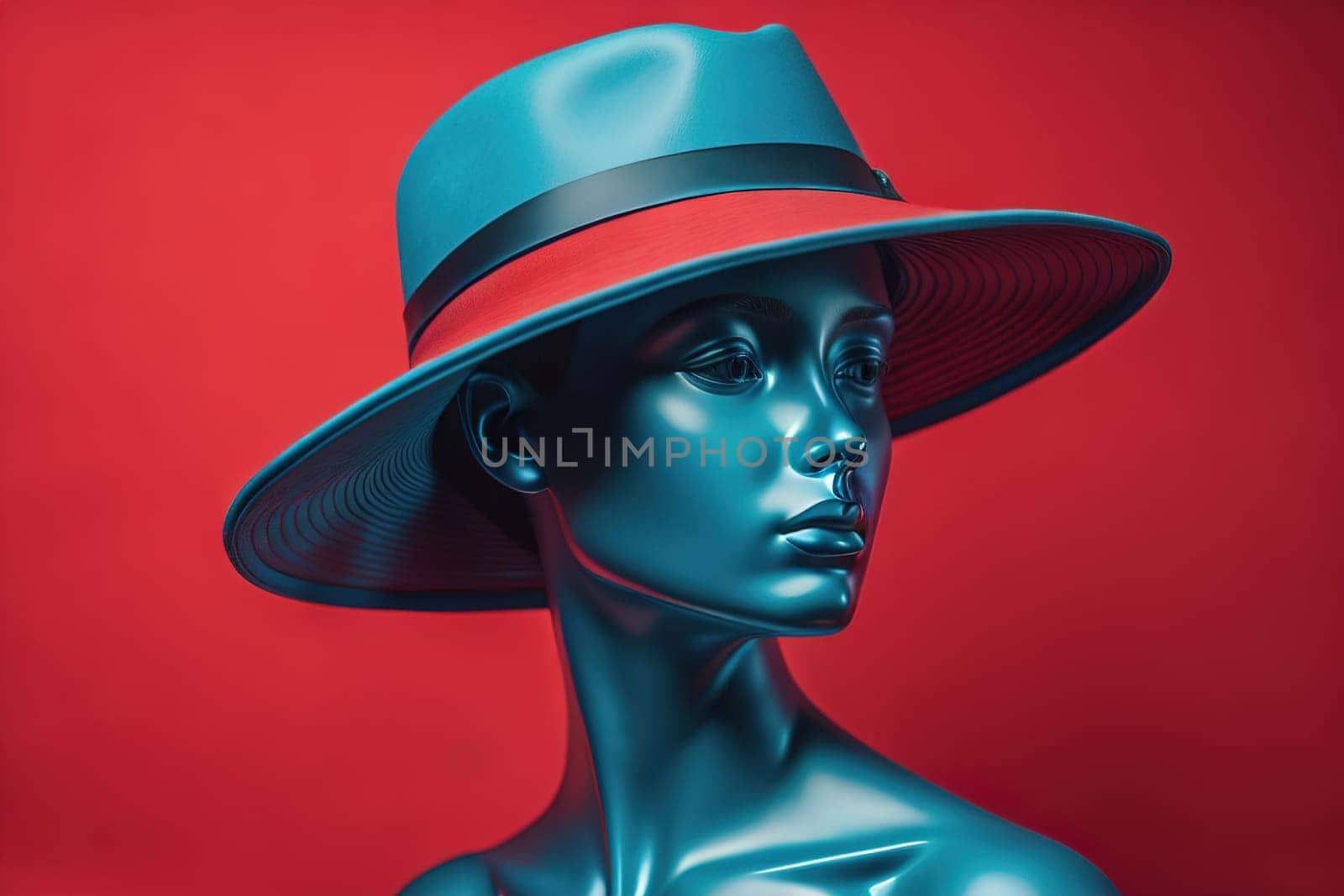 Female mannequin wearing hat, isolated on solid color background. ai generative