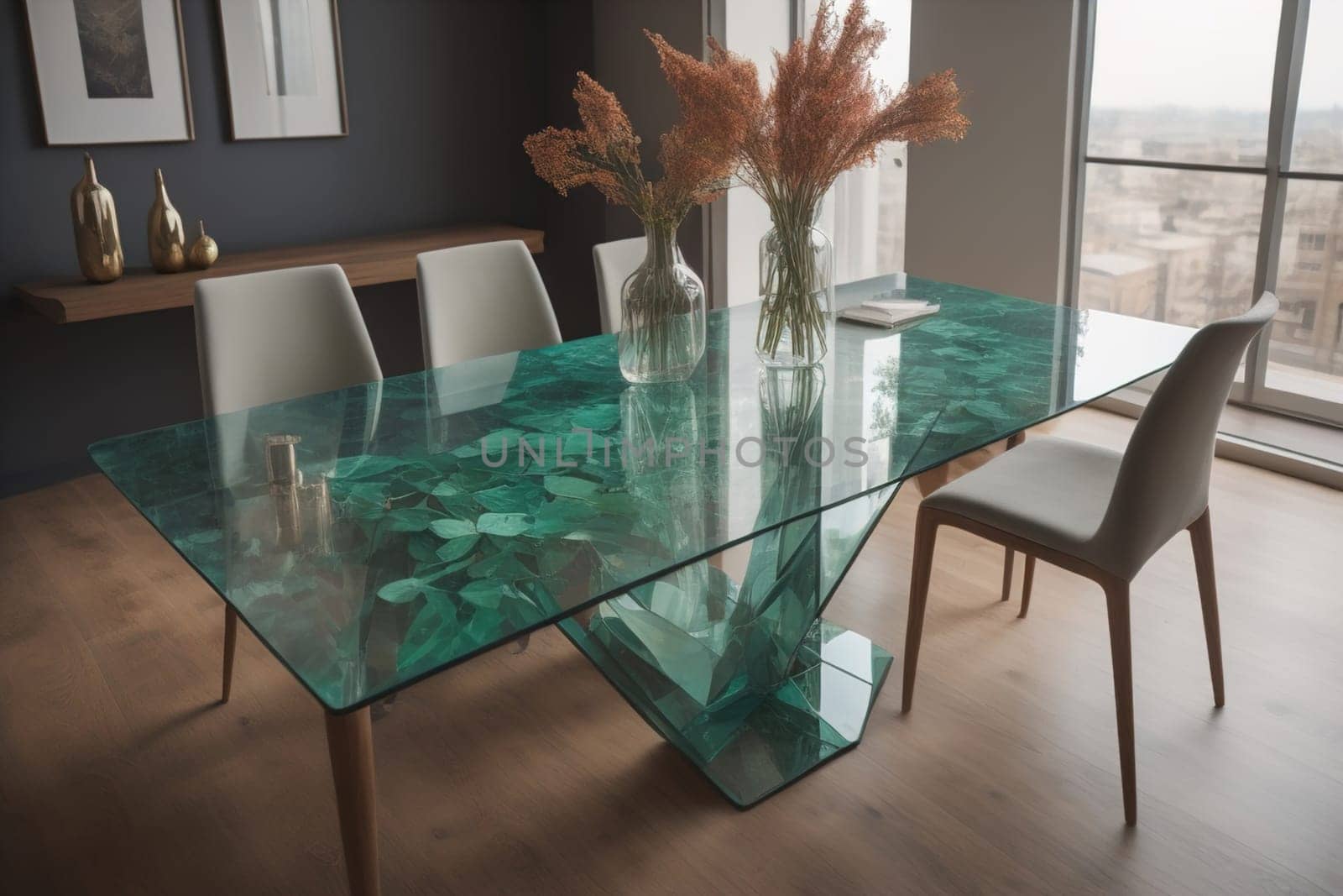 a glass table in a room. ai generative