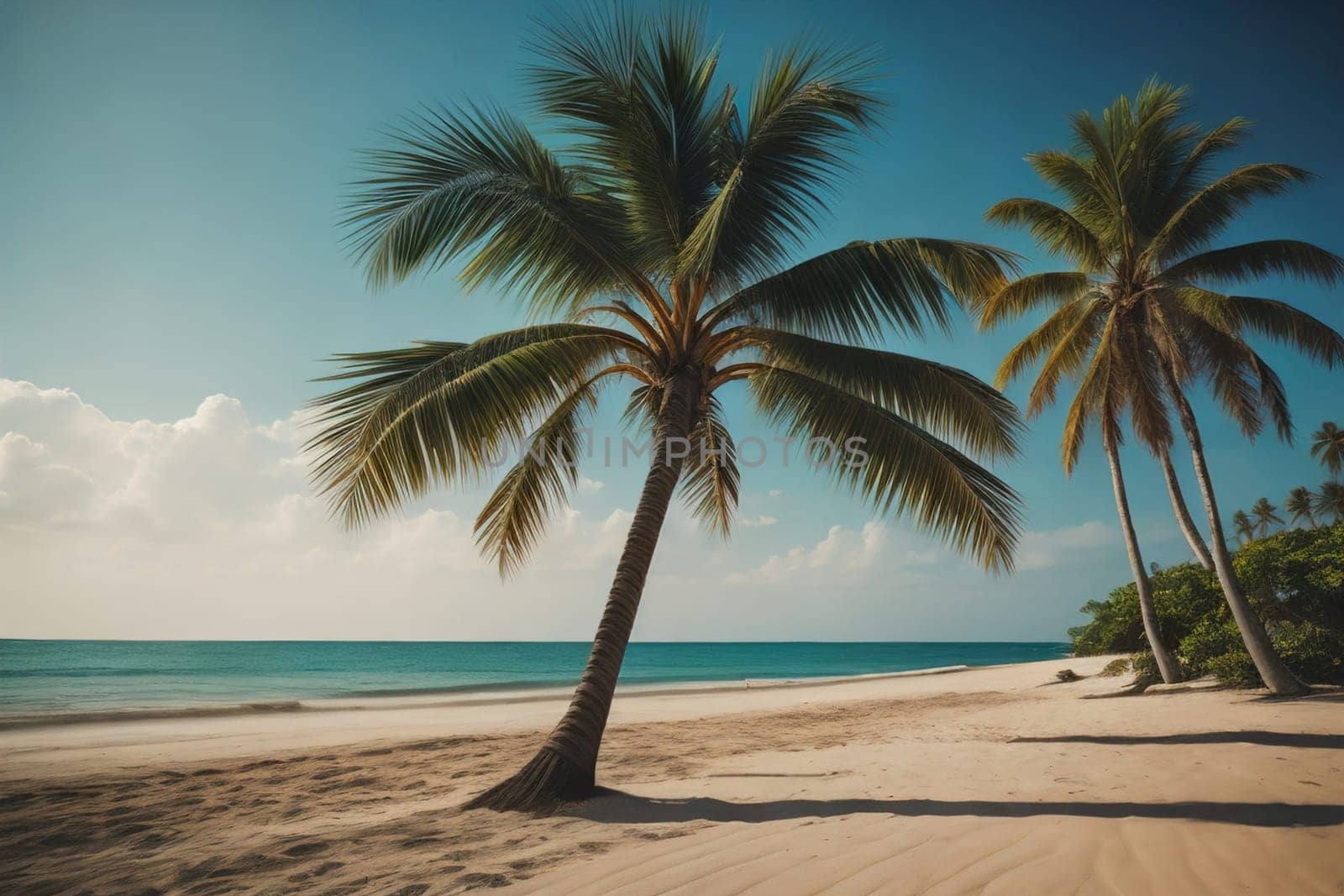 Beautiful tropical beach with coconut palm tree. ai generative by sanisra