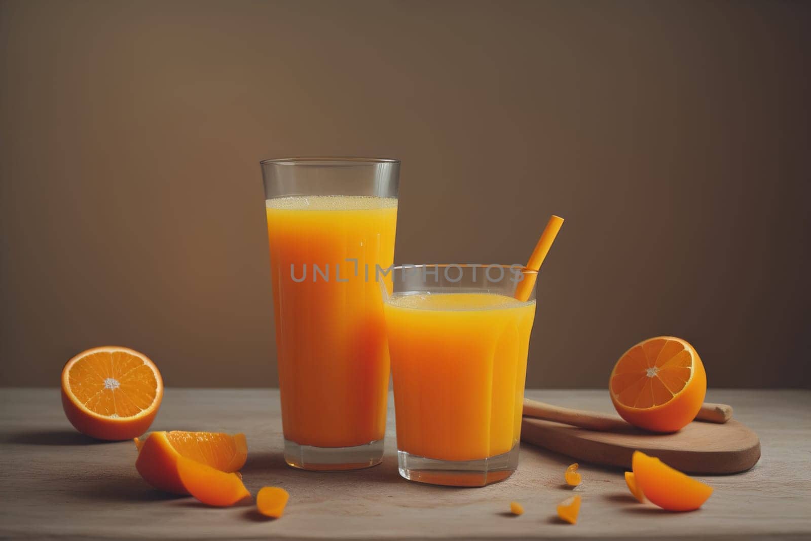 Glass of orange juice and fresh orange fruits. ai generative