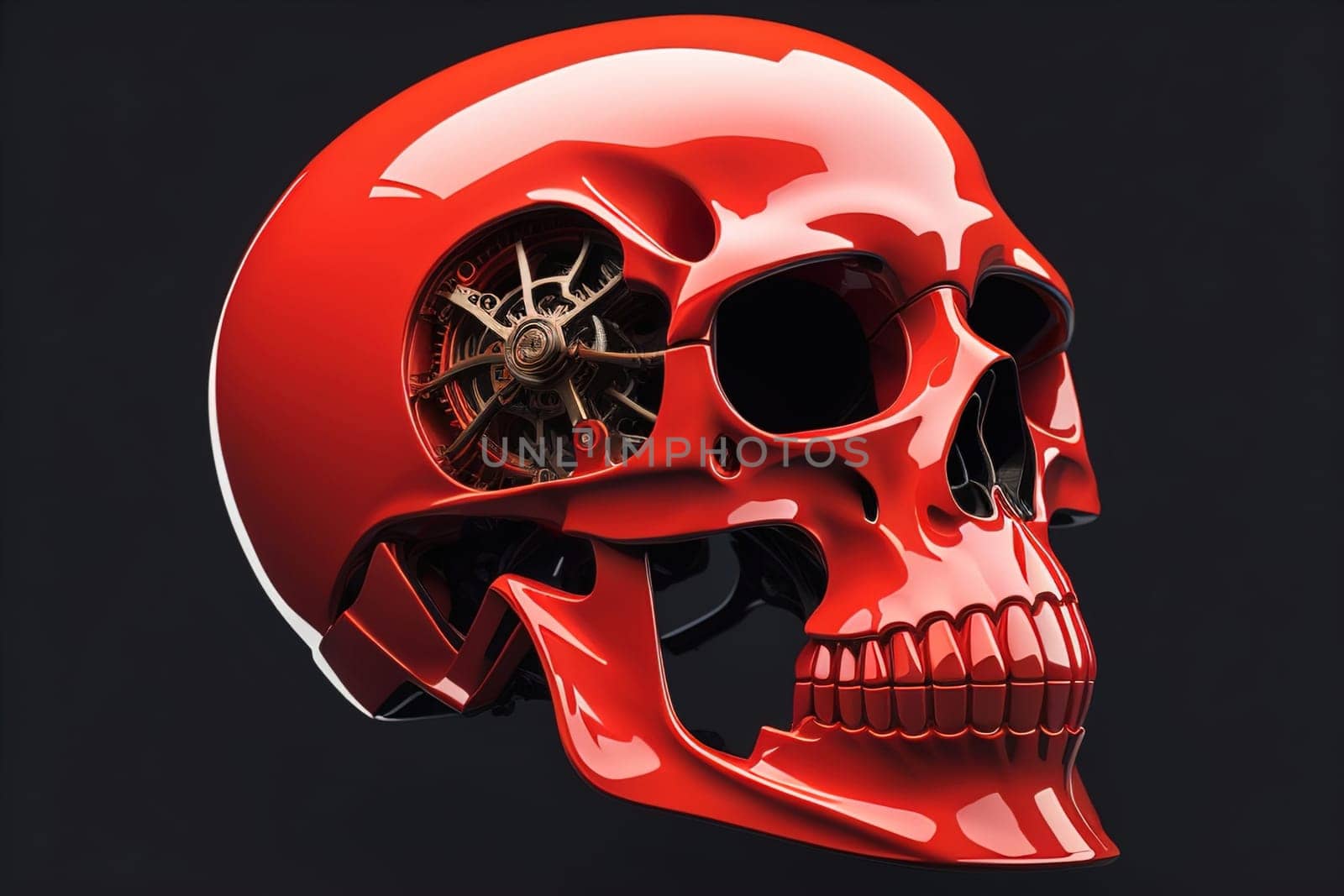 Human skull with gears and cogwheels. ai generative