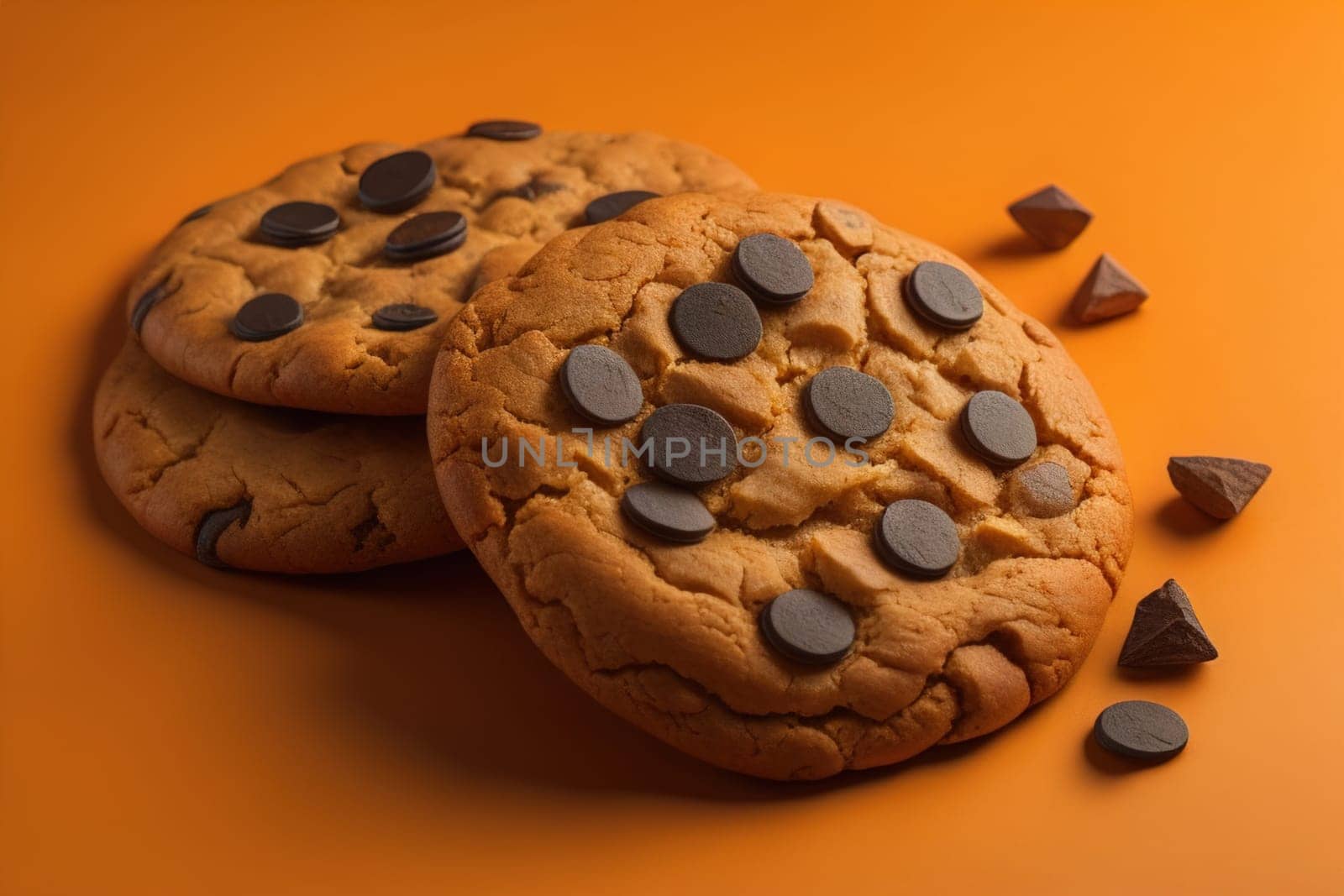 Chocolate chip cookies on orange background. Close up. Selective focus. ai generative