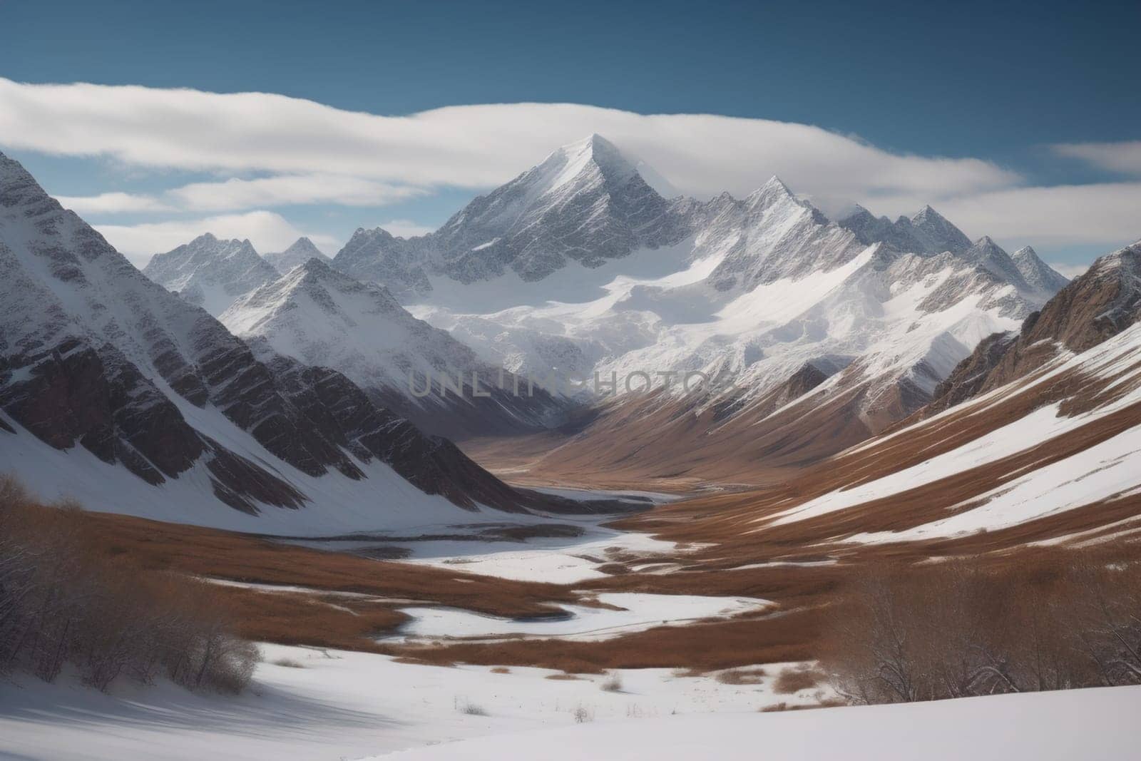 Mountains and snow-capped peaks of the Caucasus Mountains. ai generative by sanisra