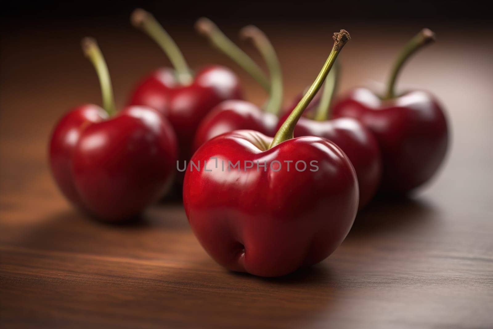 Red cherries on a wooden background. Close up. Selective focus. ai generative