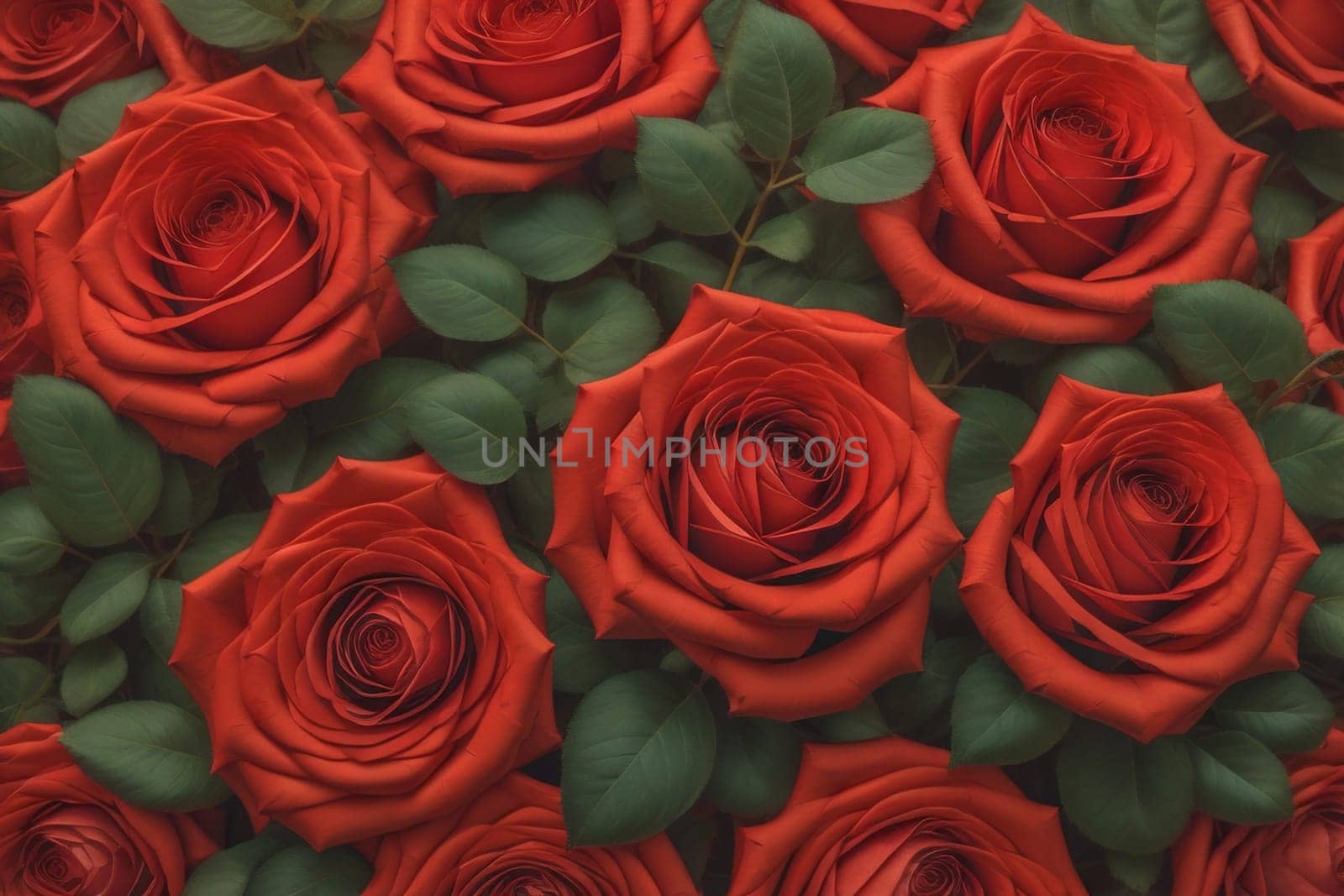 Red roses background. Top view of beautiful red roses with green leaves. ai generative