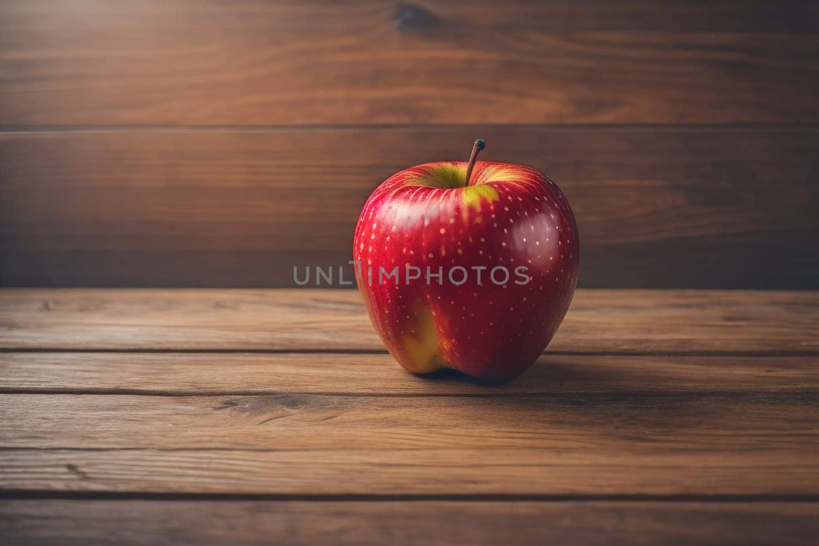 Red apple on a wooden background. ai generative