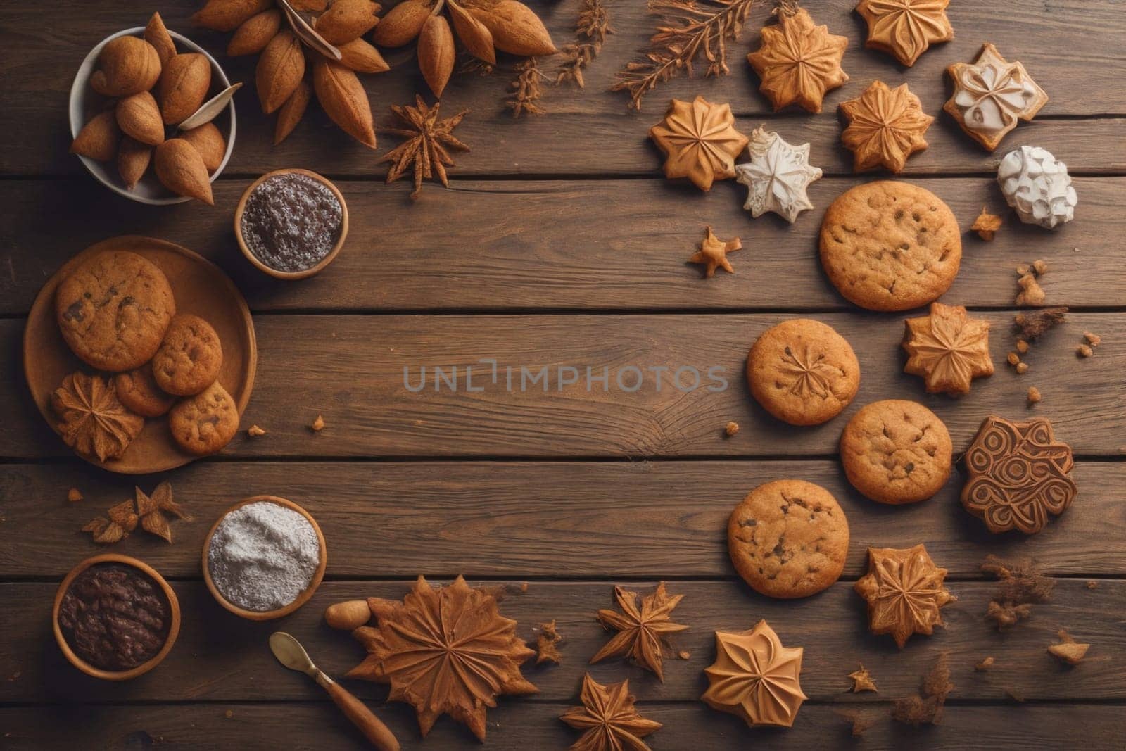 Cookies on a wooden table. Top view. ai generative