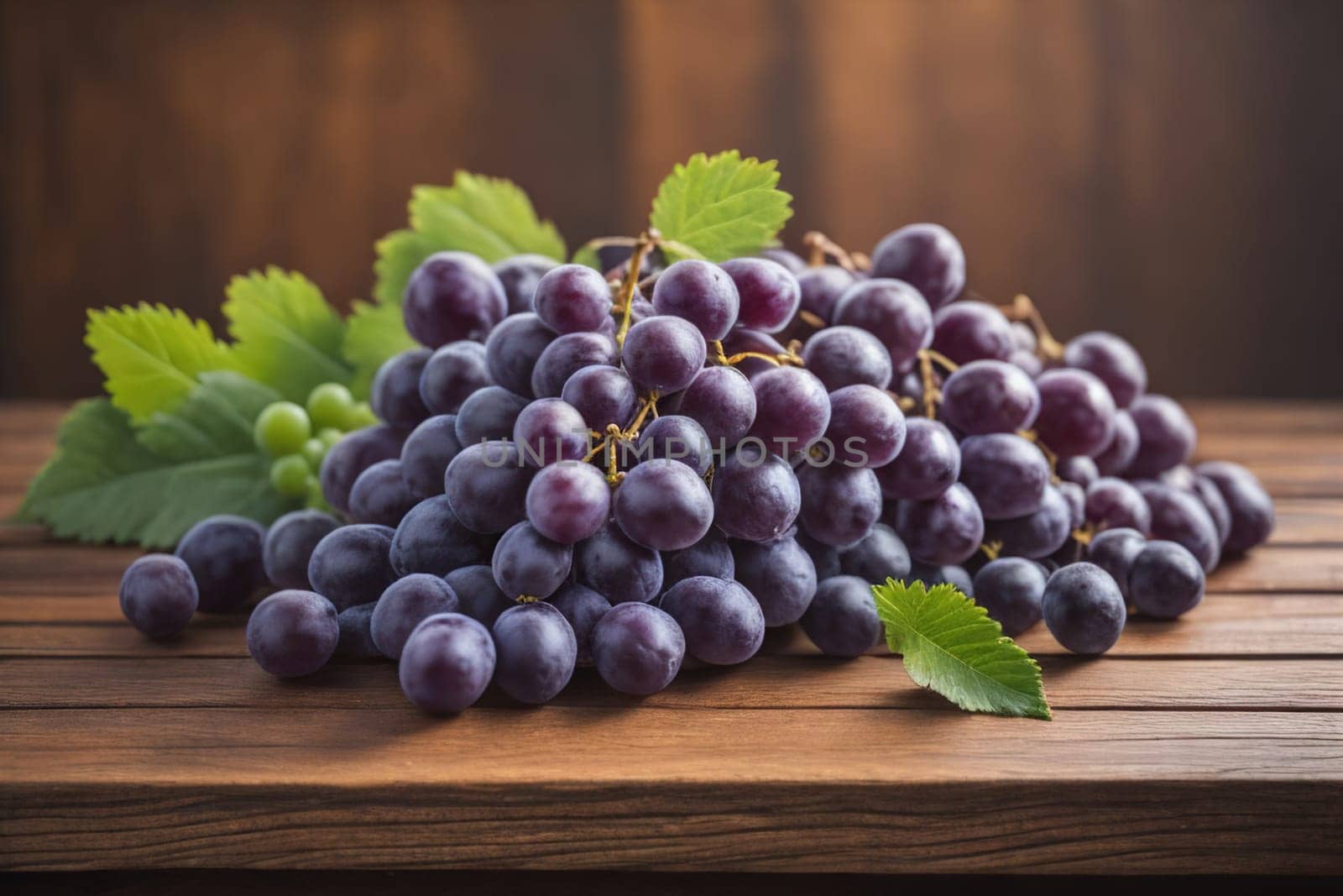 Bunch of fresh grapes on wooden table. Vintage style toned picture. ai generative