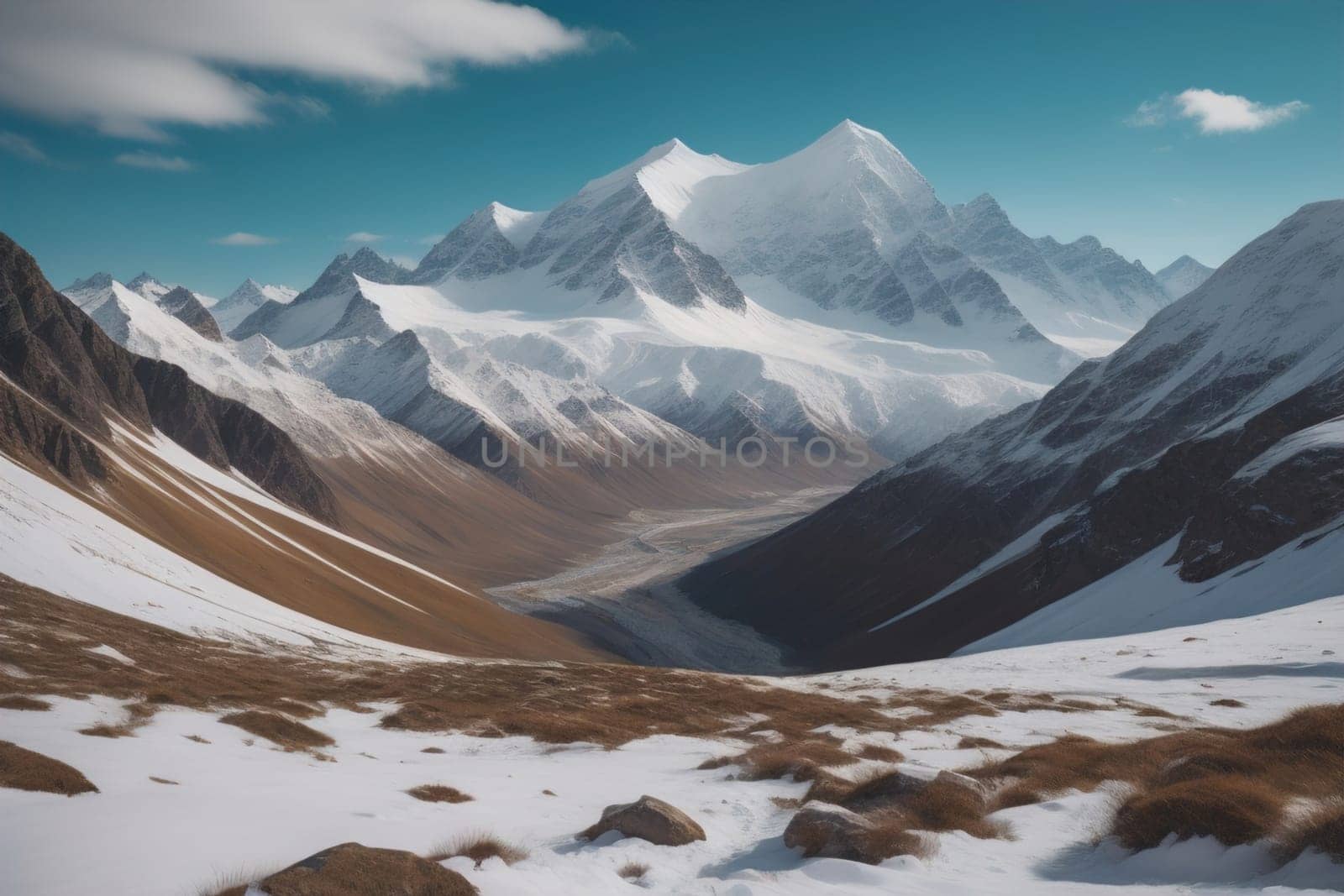 Mountains and snow-capped peaks of the Caucasus Mountains. ai generative by sanisra