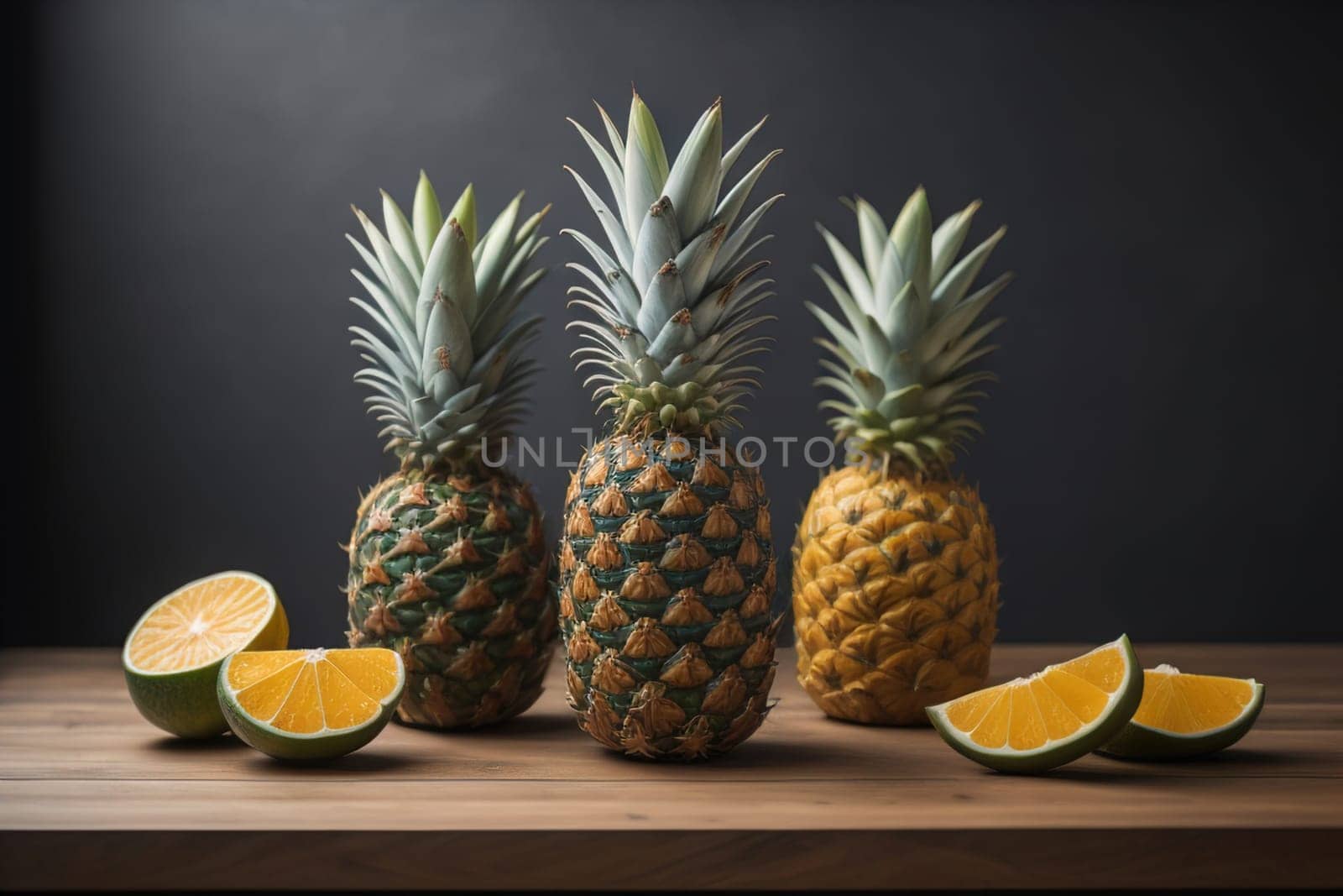 Pineapples on a wooden background. ai generative