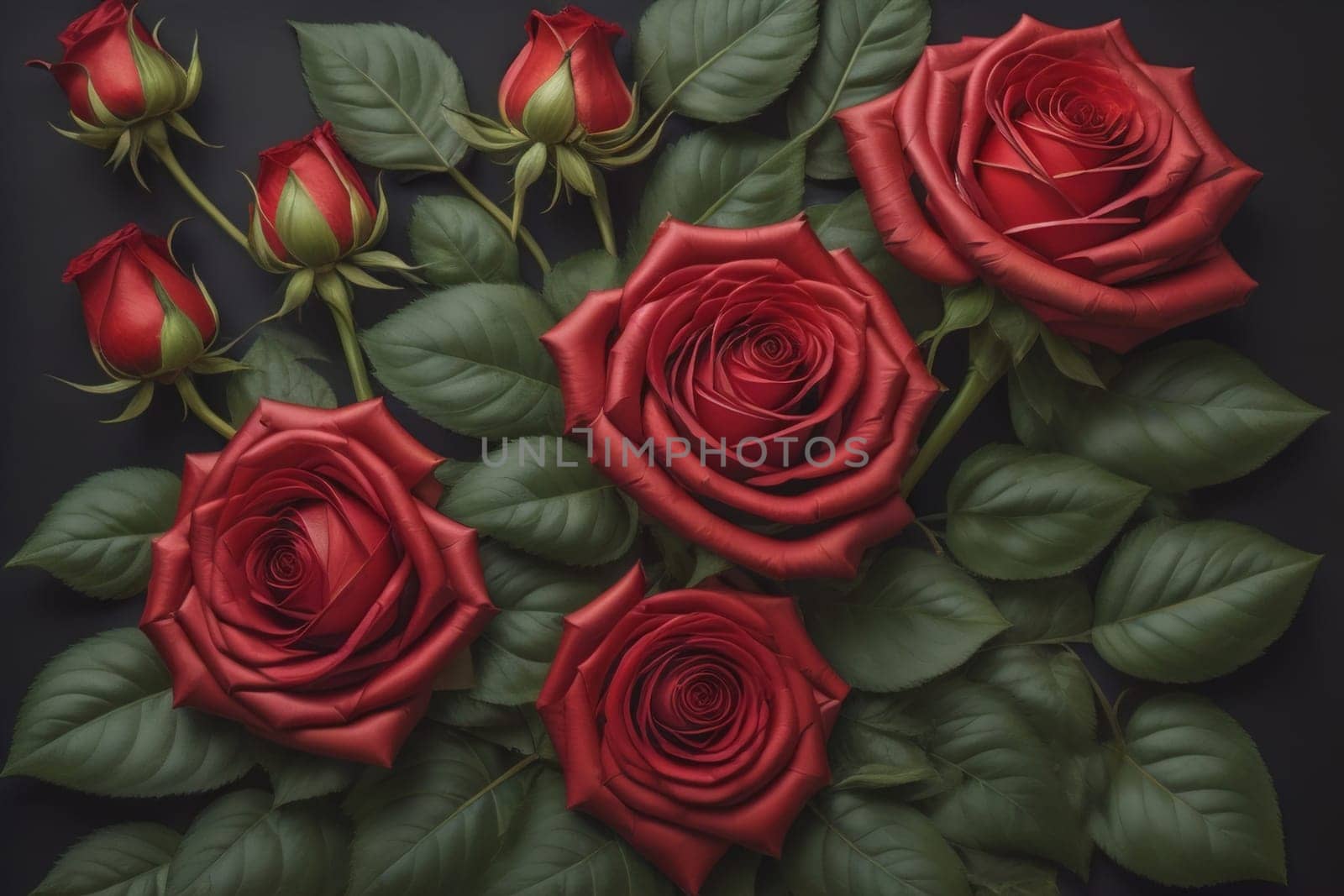 Red roses background. Top view of beautiful red roses with green leaves. ai generative