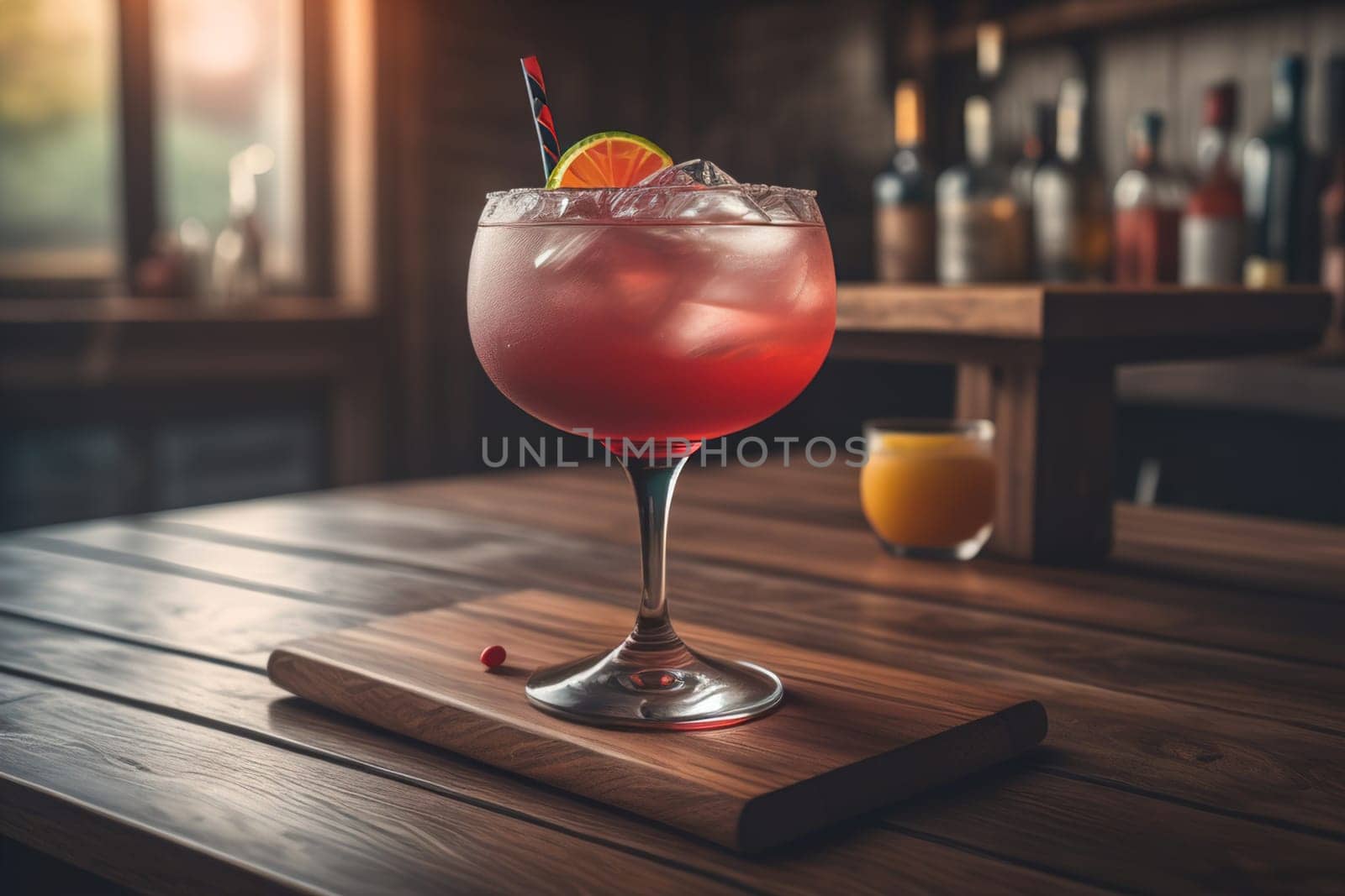 Alcohol cocktail drink on the table in bar. Toned image. ai generative