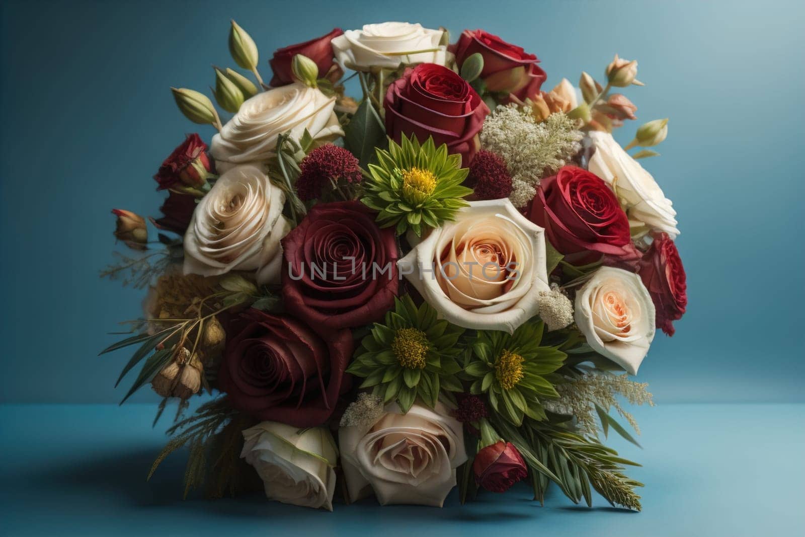 wedding bouquet of different colors on a solid color background. ai generative