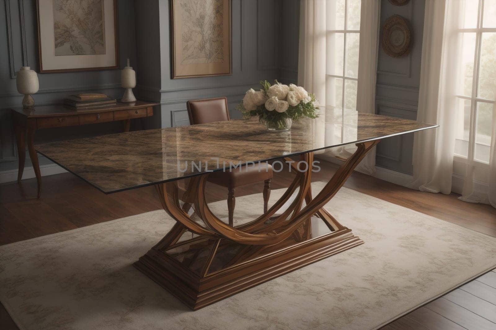 a glass table in a room. ai generative