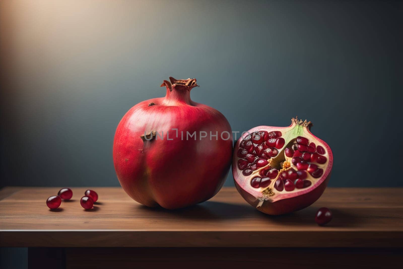 Ripe pomegranate fruit on a wooden background. Still life. ai generative