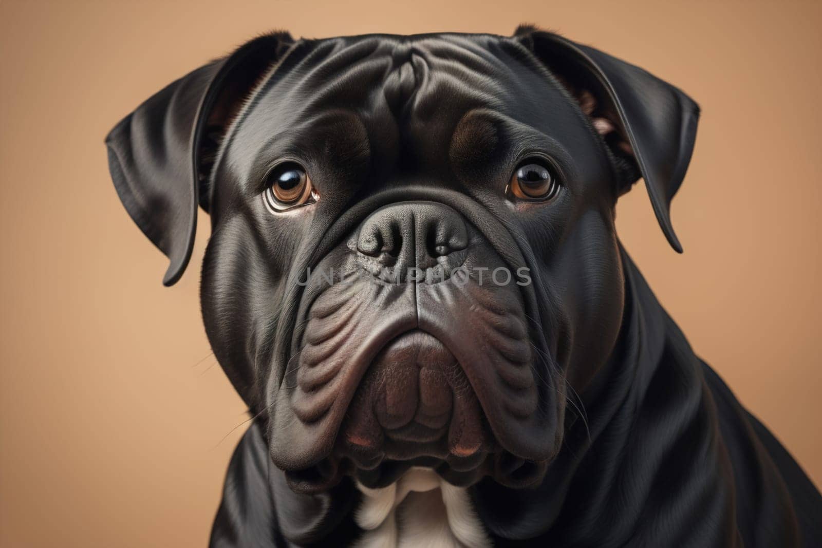 Close up portrait of a cute black dog on a orange background. ai generative