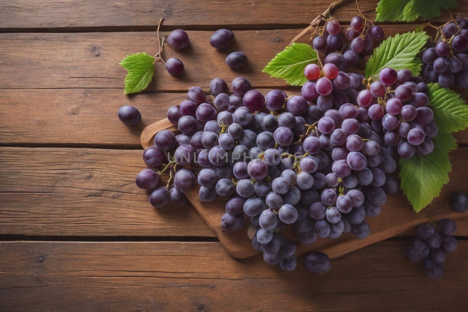 Bunch of fresh grapes on wooden table. Vintage style toned picture. ai generative