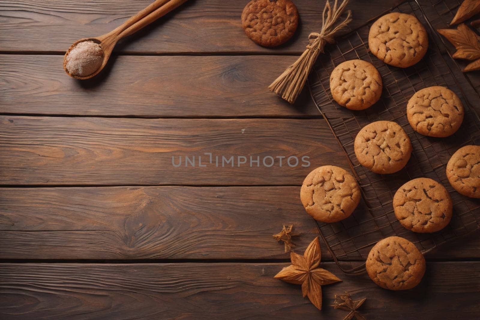 Cookies on a wooden table. Top view. ai generative