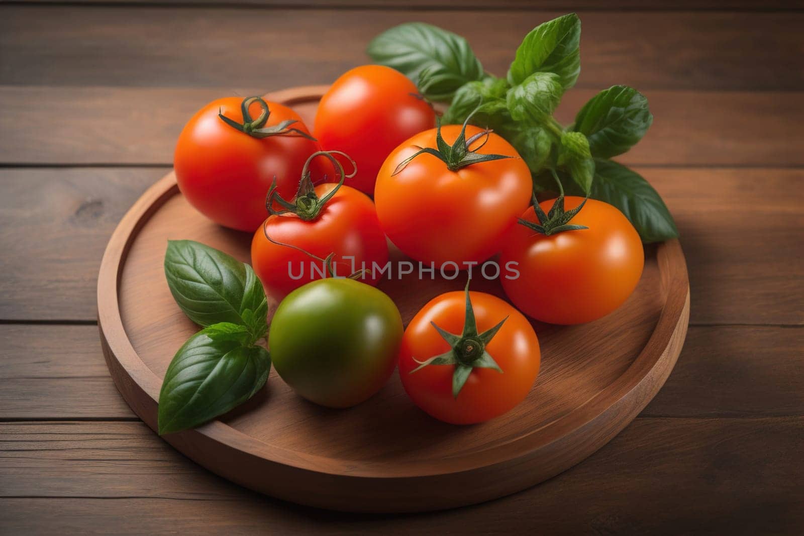 Tomatoes on a wooden table on a dark background. ai generative