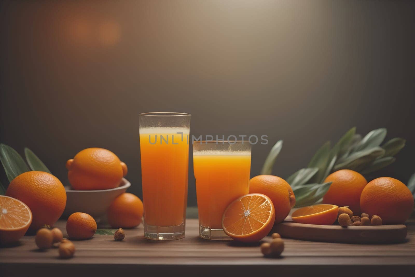 Glass of orange juice and fresh orange fruits. ai generative